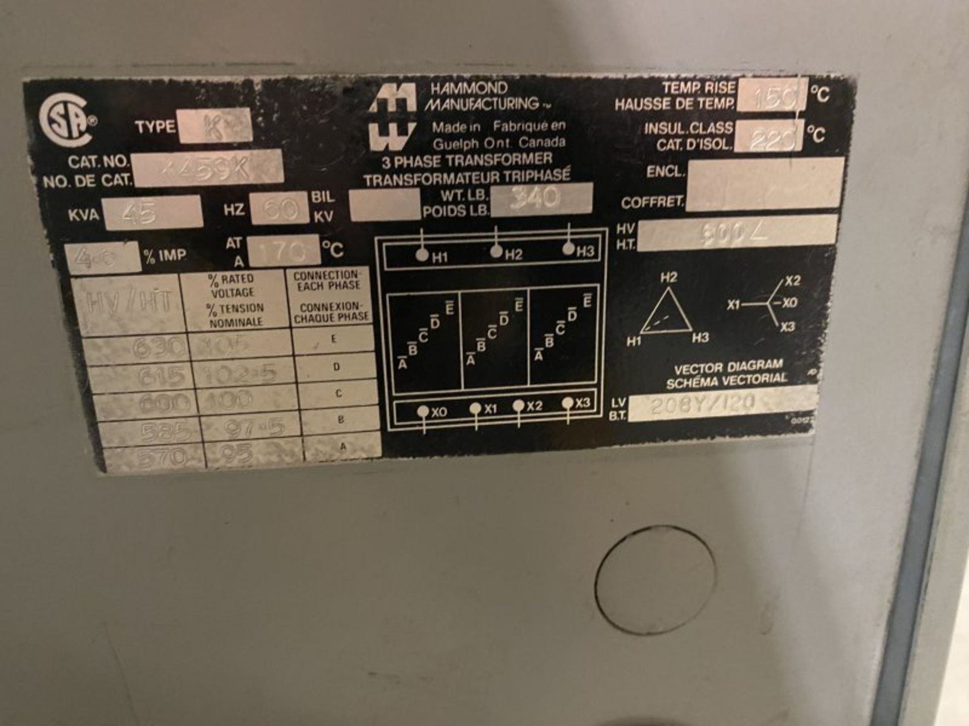 HAMMOND 45KVA TRANSFORMER H.V. 600, L.V.208Y120 - Bild 2 aus 2