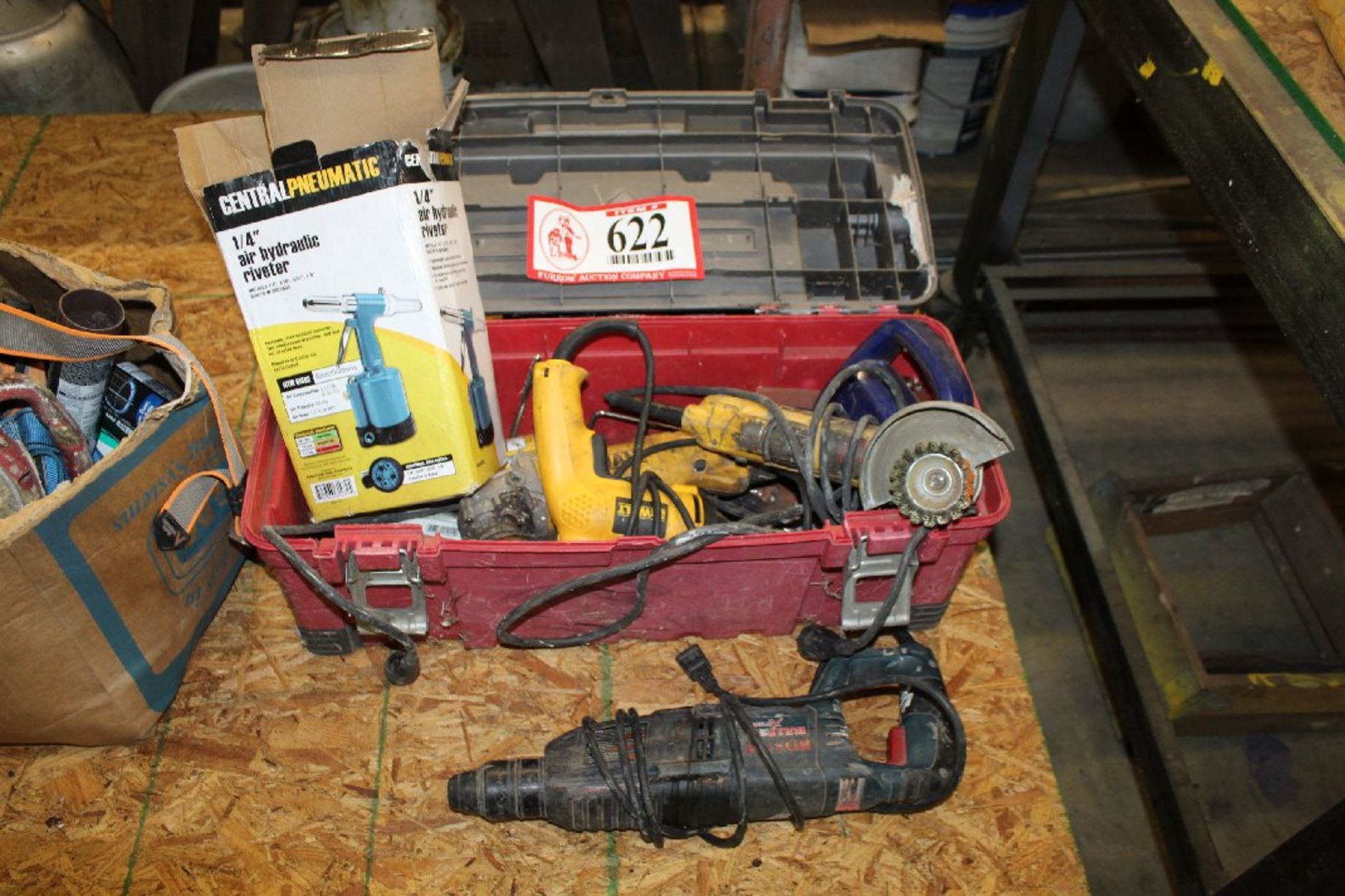 Tool Box with Assorted Electric Tools, 2 4.5" Angle Grinders, Screw Gun & Bosch Rotary Hammer Drill