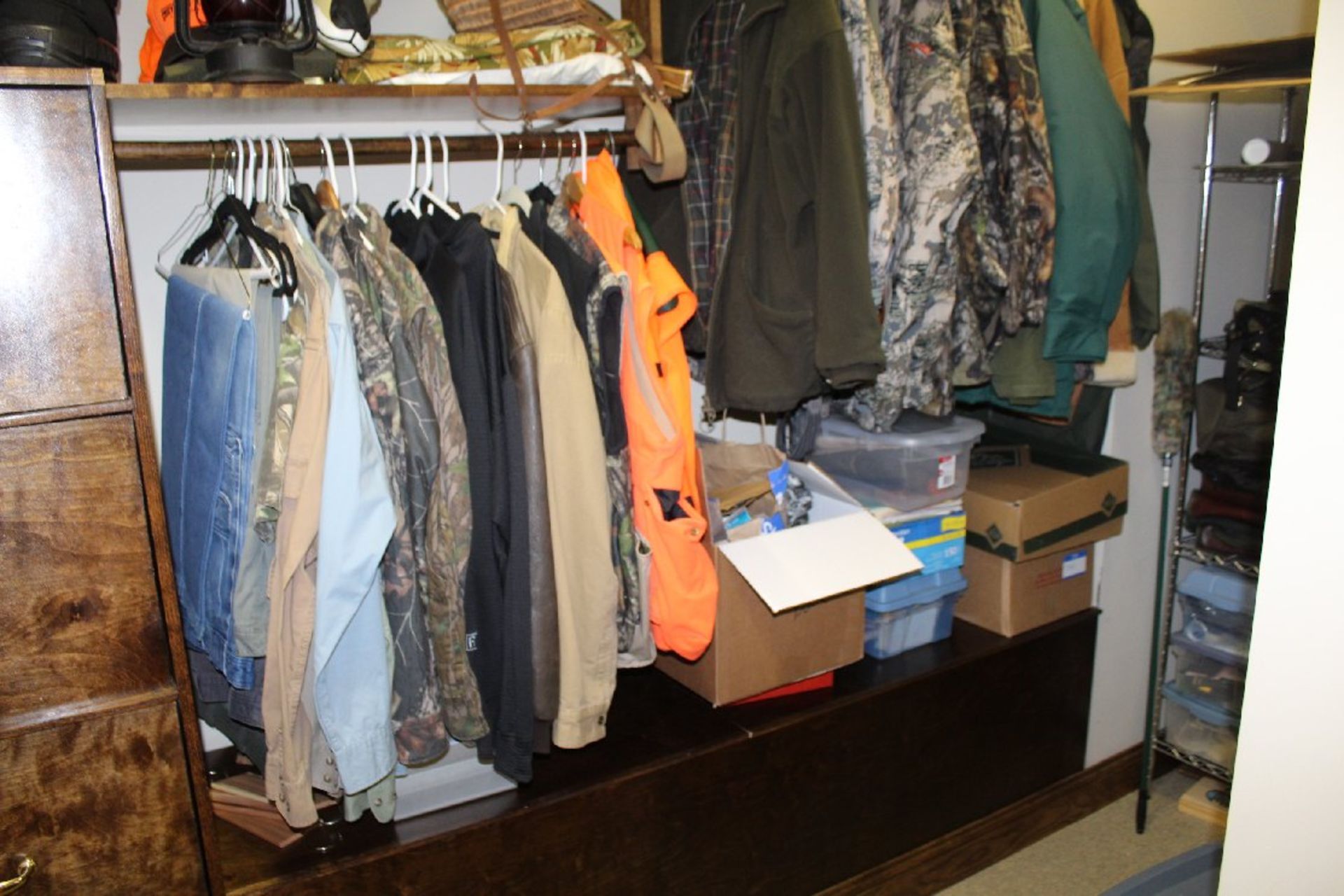 Contents of Closet, Assorted Hunting/Outdoor Clothing, Luggage, Office Supplies, Prints, Boots,