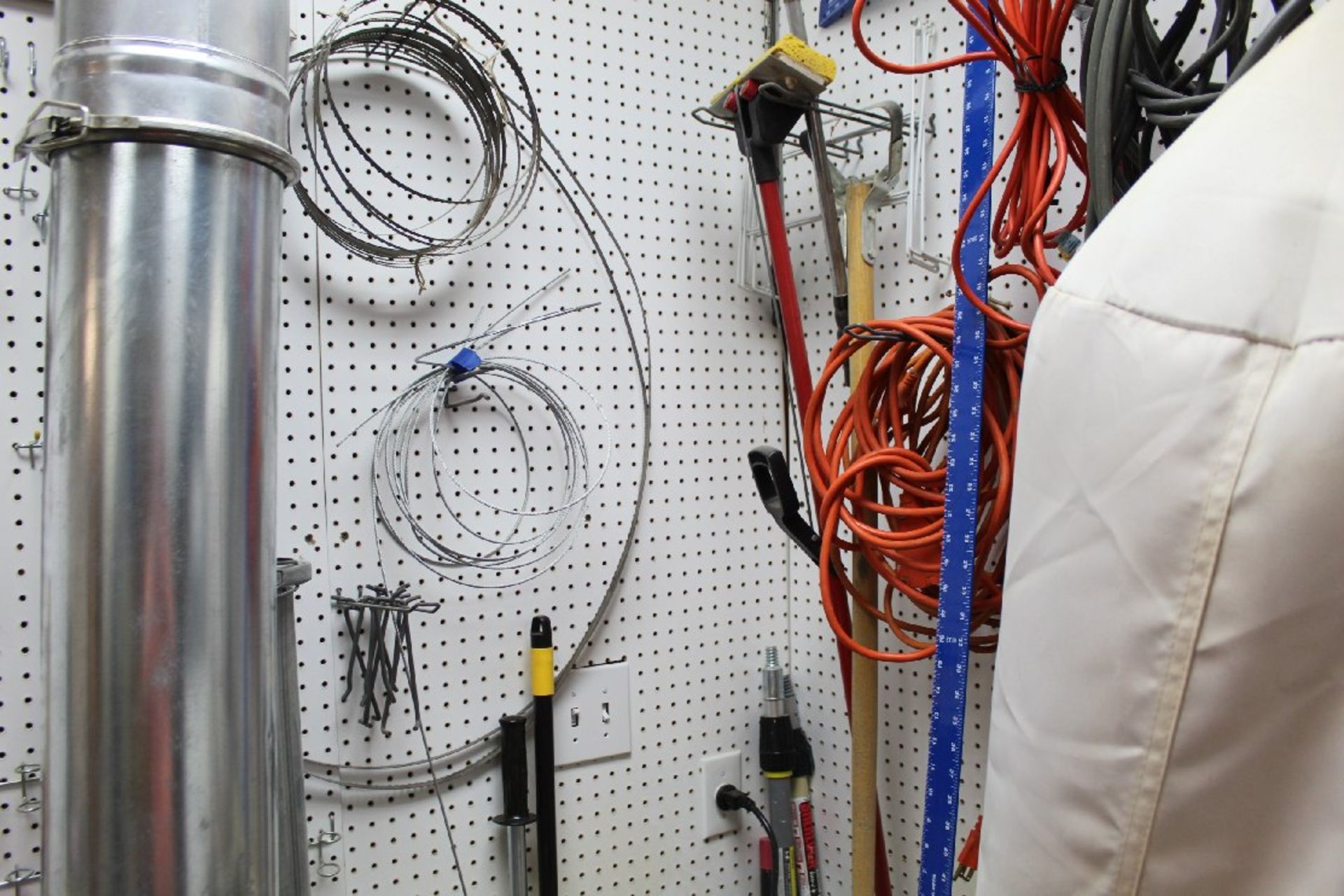 Contents of White Pegboard, Axe, Hammer, Various Power Cords, Squares, Screwdrivers, Saws, etc. - Image 3 of 3