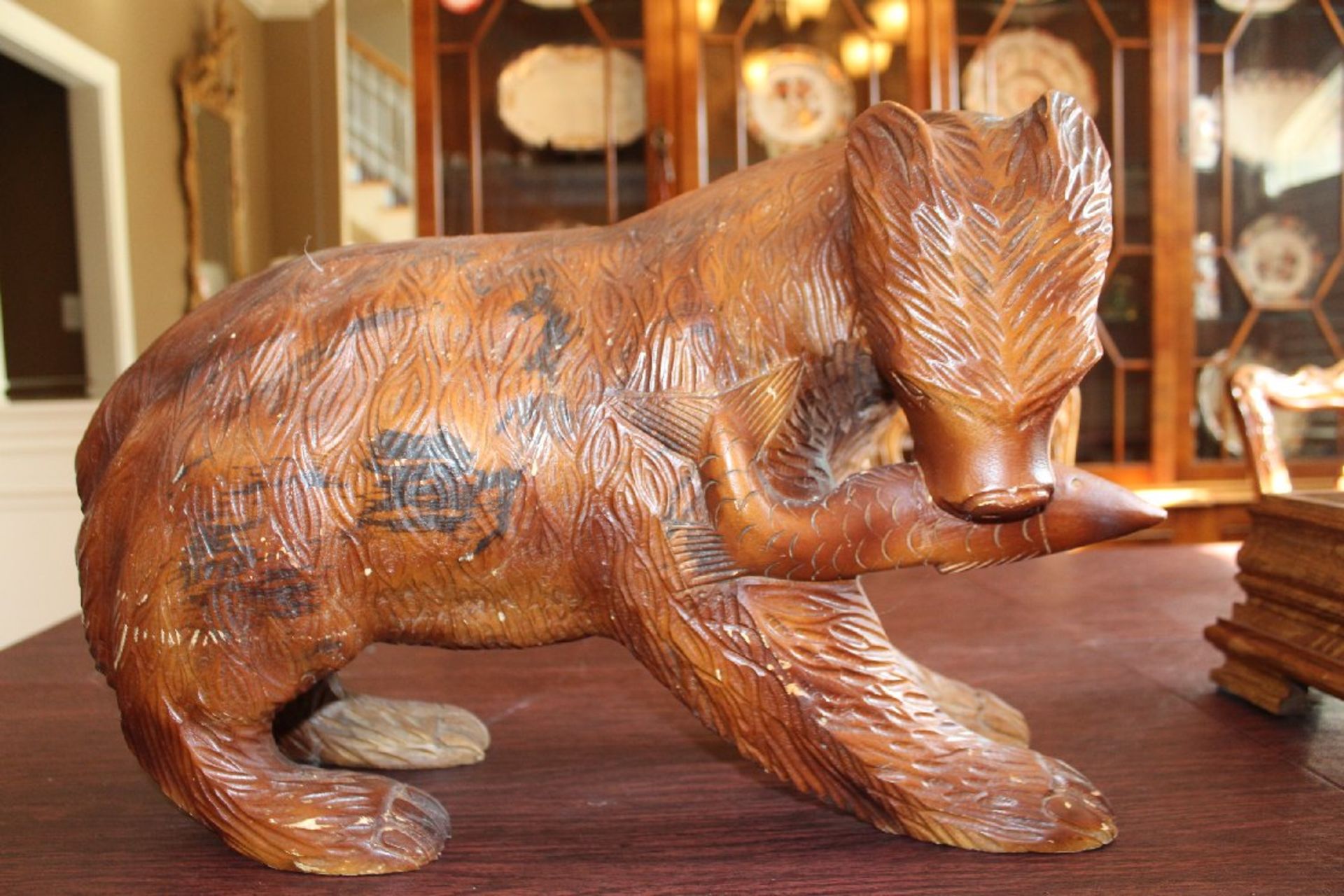 Carved Wooden Bear with Salmon in Mouth, Wooden Flatware Box, Pentax Camera