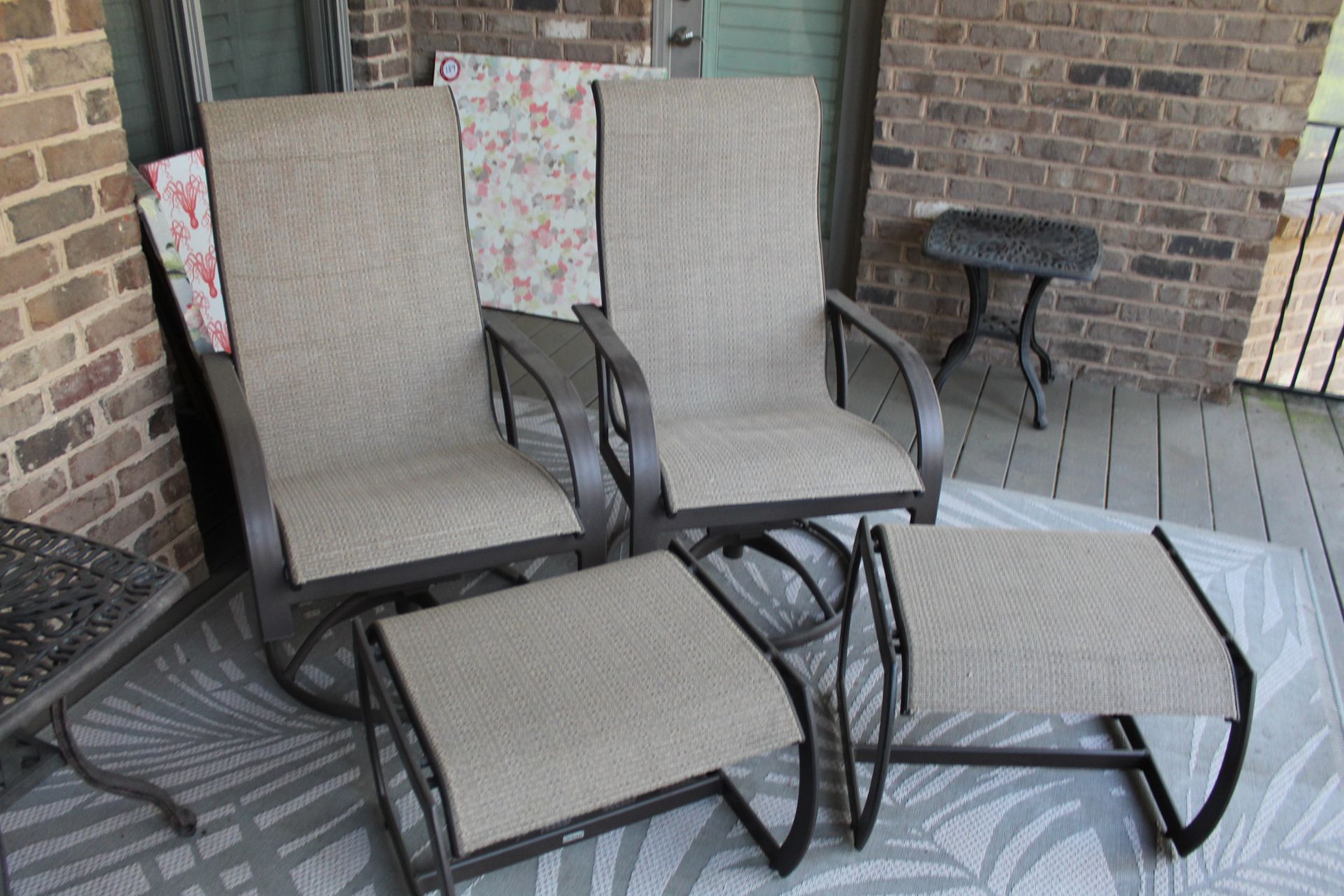 Set of 4 Patio Chairs with Beige Upholstery, Two Iron Side Tables & Two Ottomans & One Sun Lounger