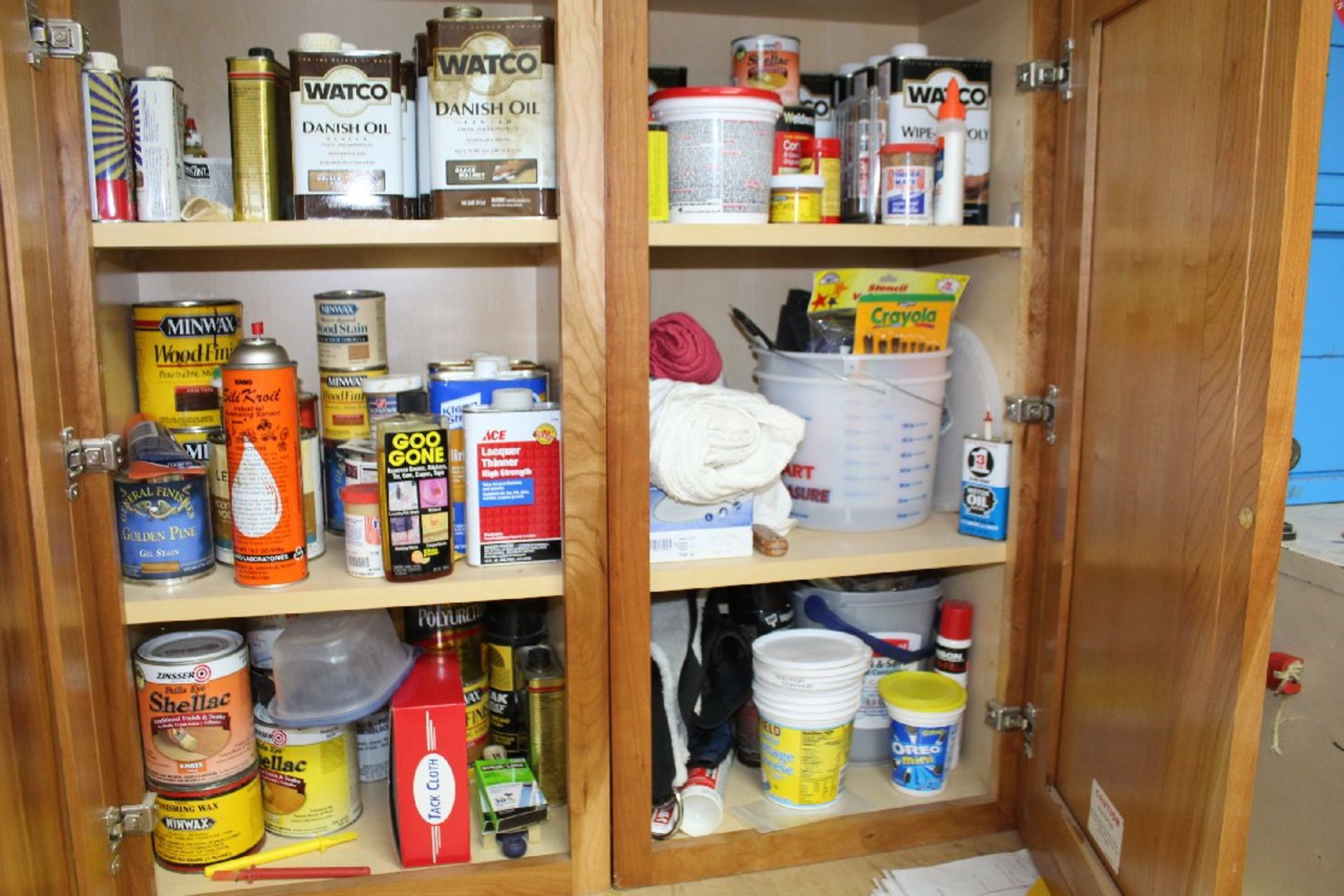 Two Wooden Cabinets plus Contents, solvents, thinners, gloves, tape, varnishes, shop towels, etc.