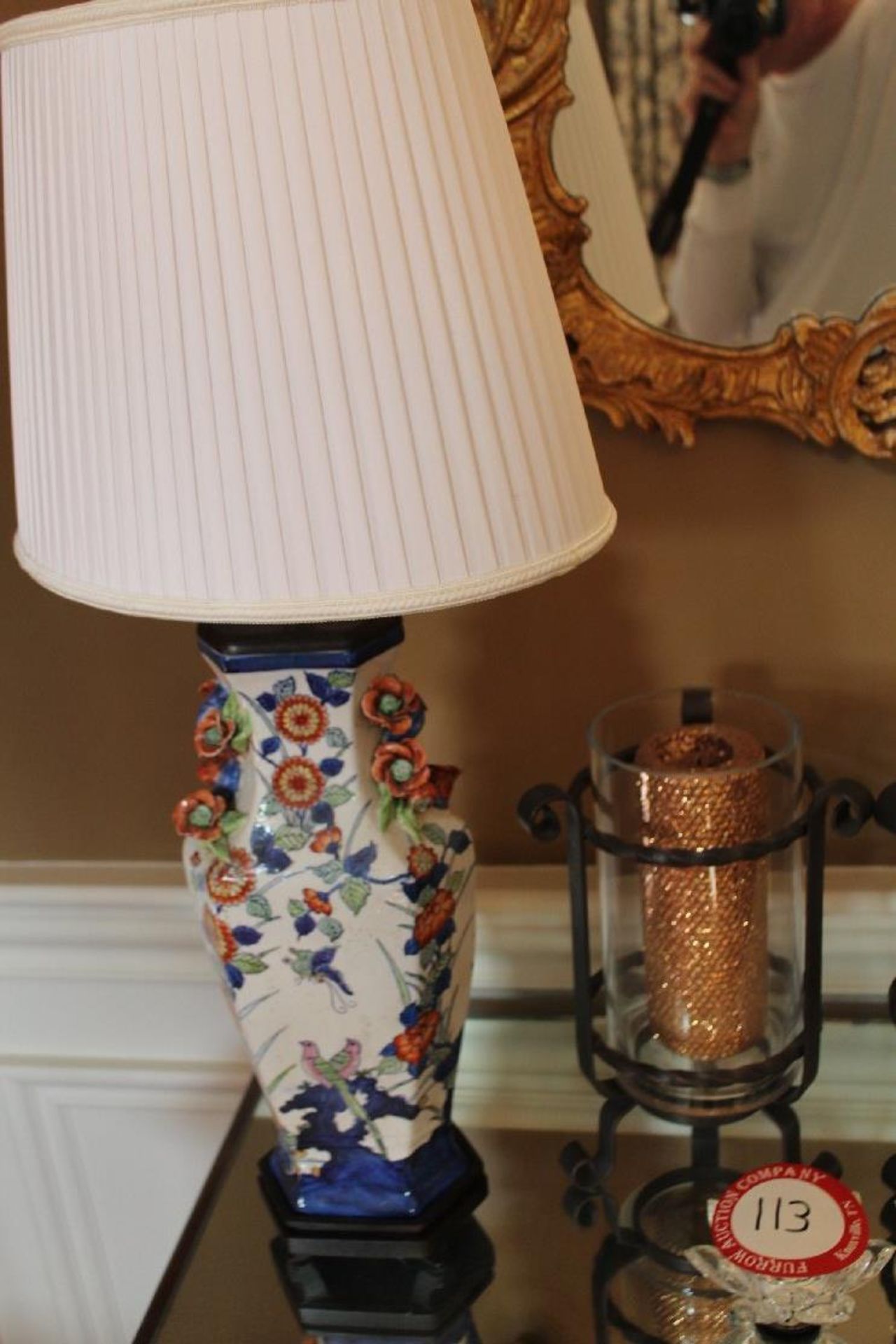 Items on Top of Side Table (lot 112), Hand Painted Lamp with Bird Motif & Shade, 2 Art Glass - Image 3 of 4