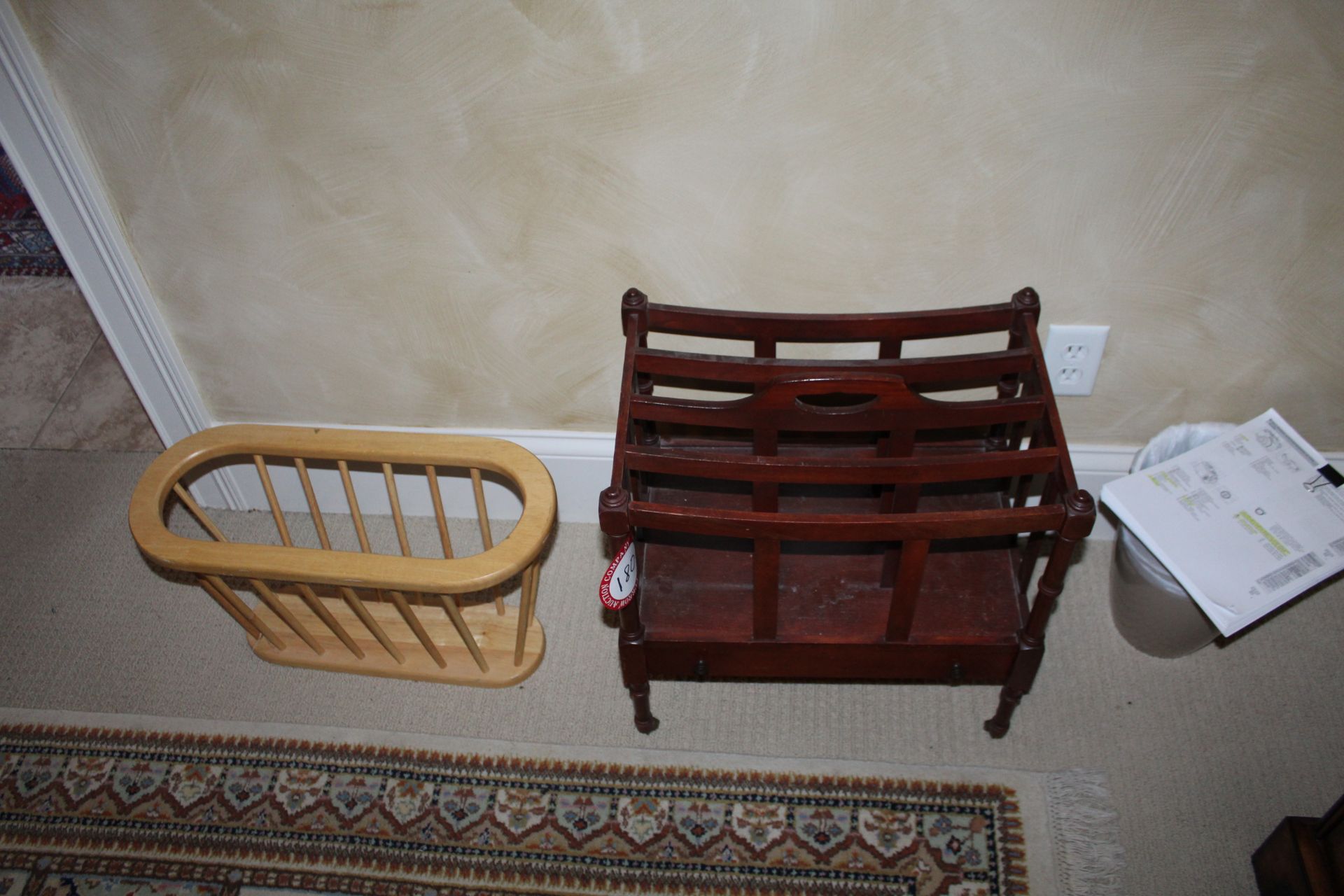 Two Magazine Racks, One Cherry Finish, One Oak Finish, plus Contents