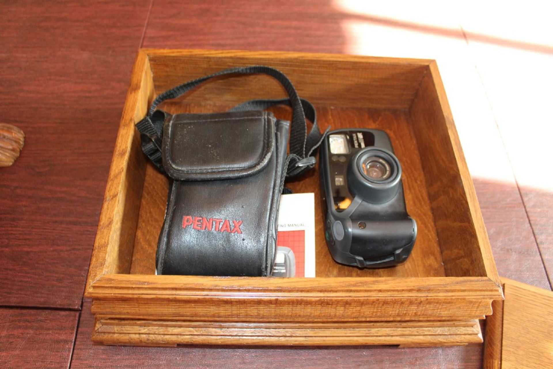 Carved Wooden Bear with Salmon in Mouth, Wooden Flatware Box, Pentax Camera - Image 3 of 5