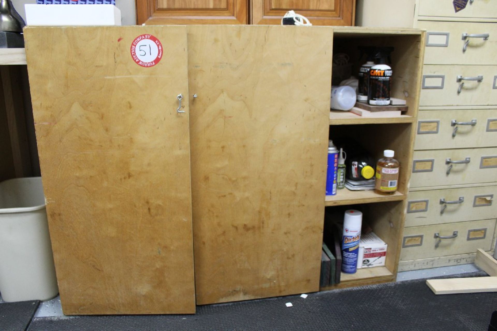 Two Wooden Cabinets plus Contents, solvents, thinners, gloves, tape, varnishes, shop towels, etc. - Image 3 of 5