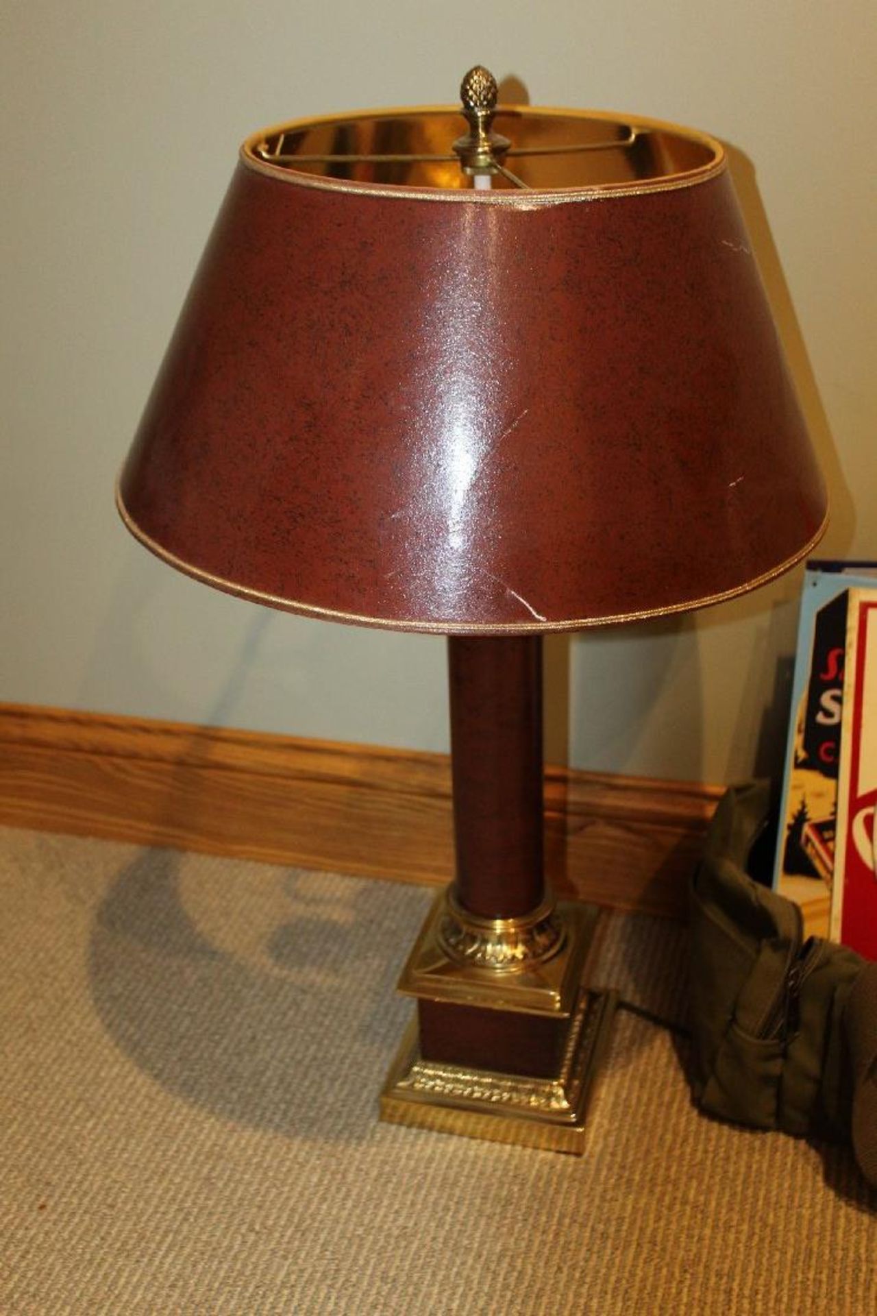 Various Items, Brass Table Lamp with Shade, Duffel Bag, Dehumidifier, Assorted Metal Signs, - Image 2 of 6