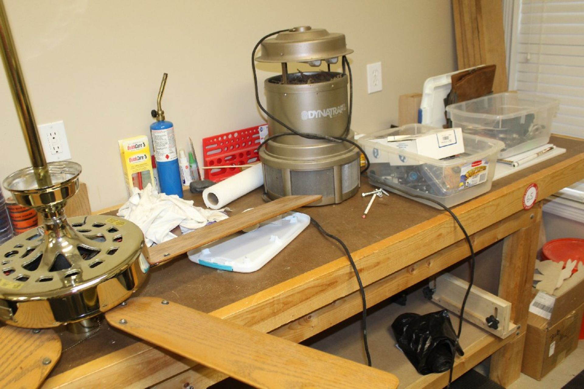 Contents of Table Top & Shelf (from Lot 65), Ceiling Fan, Insect Trap, Tape, Flashlight, - Image 5 of 6