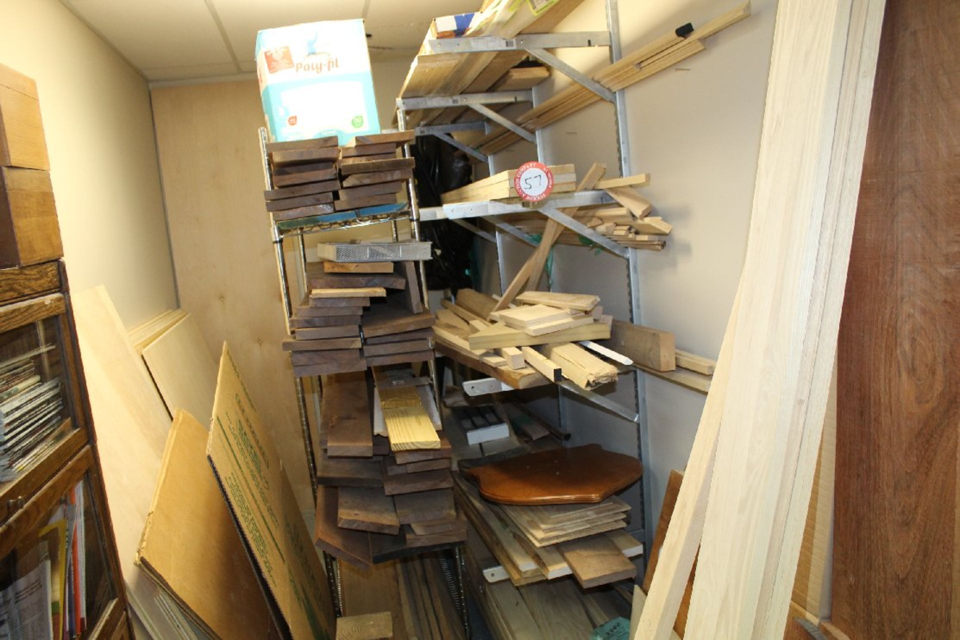 Assorted Lumber of Various Lengths & Species, Plywood Boards of Various Sizes, Metal Shelf with 4