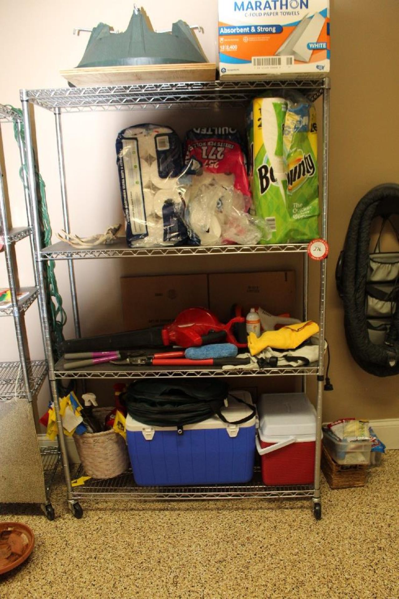 Metal Shelving Unit on Casters, 5 Shelves, Plus Contents (contents depicted in photo subject to