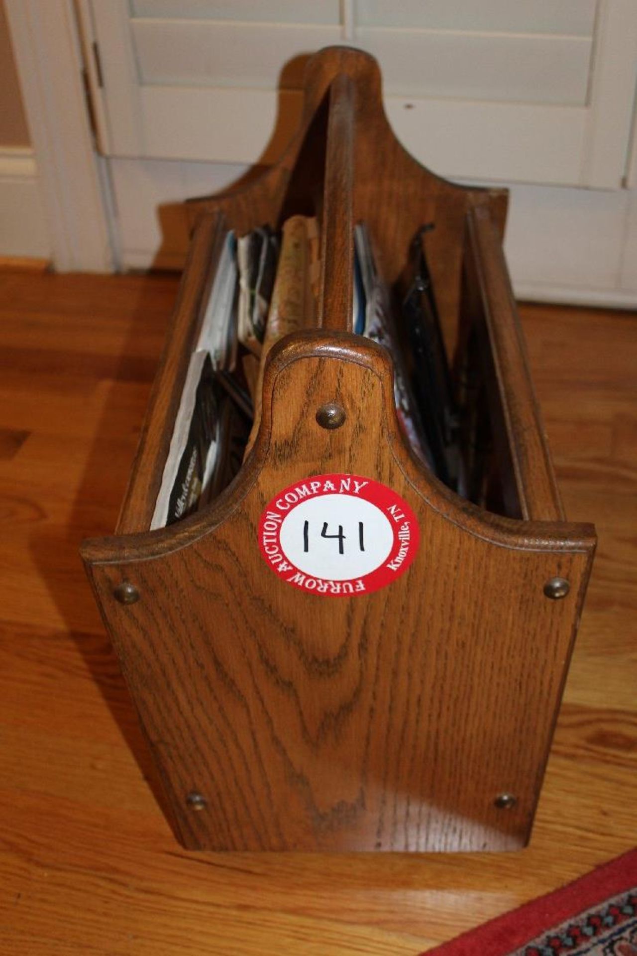 Wooden Magazine Rack & Contents, Oak Finish