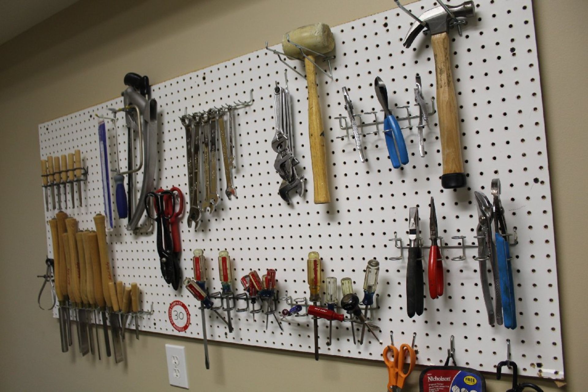 Assorted Hand tools, Chisels, Hammers, Hack Saws, Pliers, Screwdrivers, etc. Everything Hanging on - Image 2 of 2