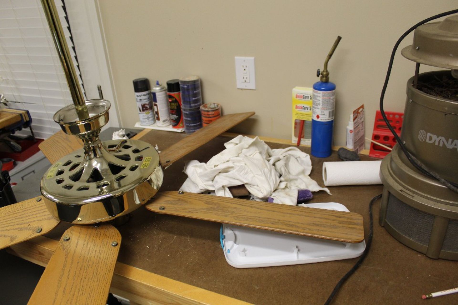 Contents of Table Top & Shelf (from Lot 65), Ceiling Fan, Insect Trap, Tape, Flashlight, - Image 2 of 6
