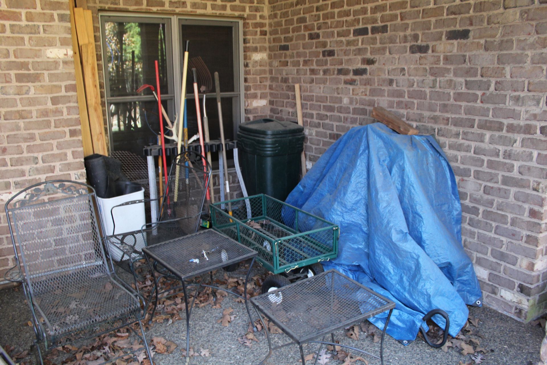 One Metal End Table, Two Metal Chairs, Assorted Garden Tools, Garden Tool Rack, Outdoor Mats, - Image 2 of 2