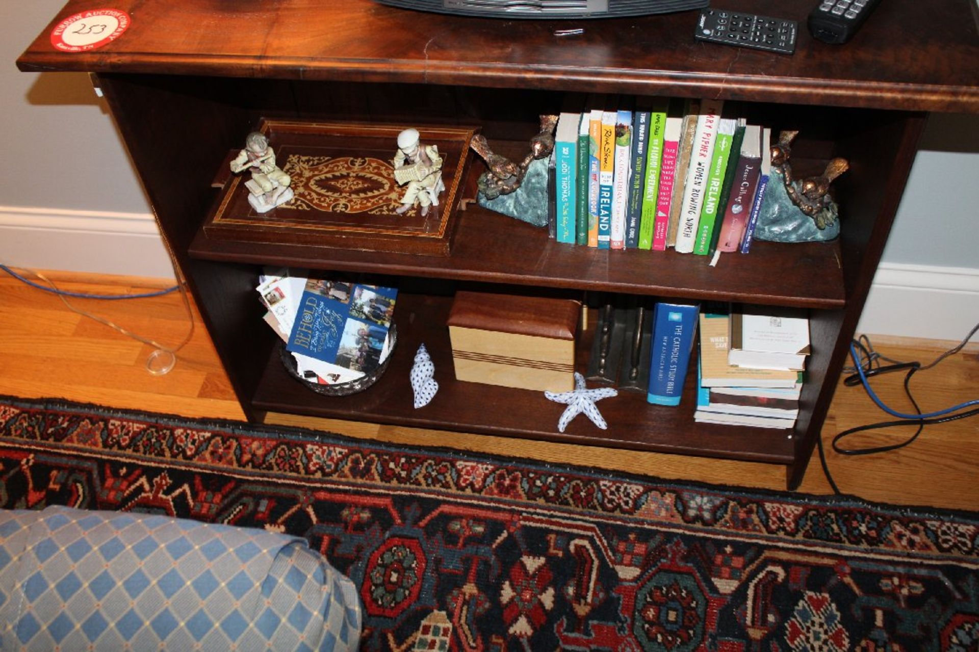 Wooden 2 Shelve Bookshelf plus Contents (Various Novels, Figurines, Bookends, etc.), 40" w x 14" d x