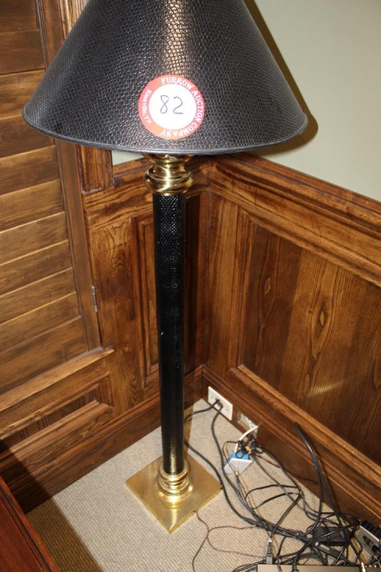 Floor Lamp with Black Textured Center Pole and Matching Lampshade, Gold Accents