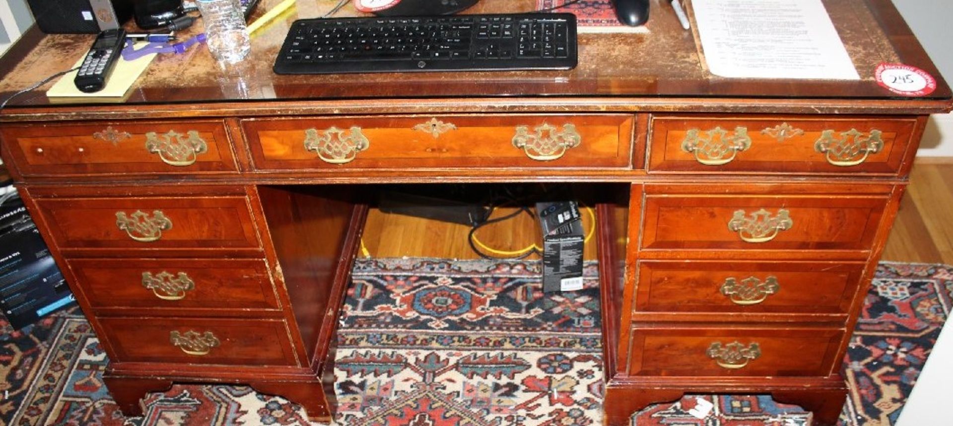 Double Pedestal Executive Wooden Desk with Leather Inlay with Upholstered Desk Chair, 59" w x 36"