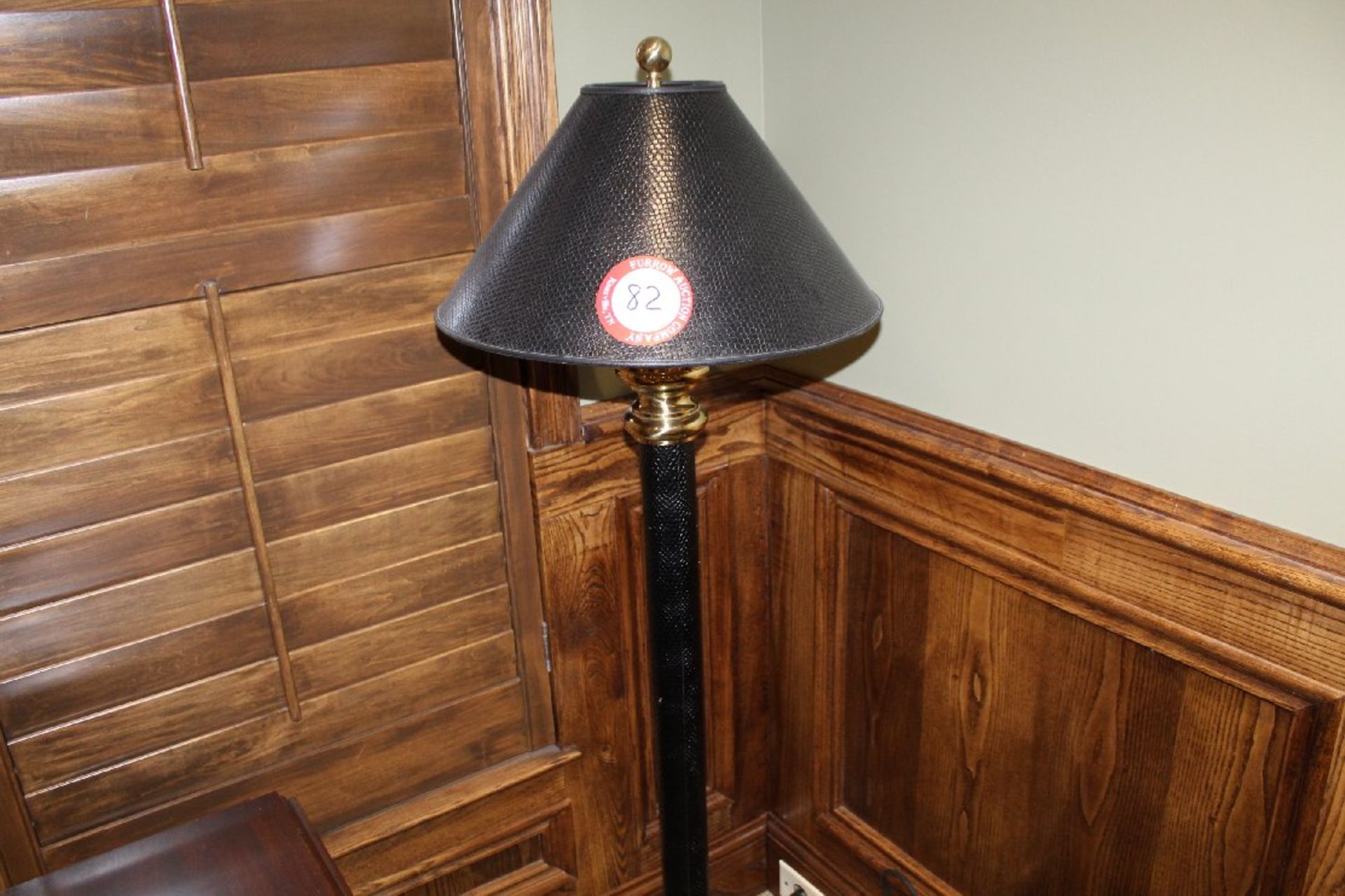 Floor Lamp with Black Textured Center Pole and Matching Lampshade, Gold Accents - Image 2 of 2