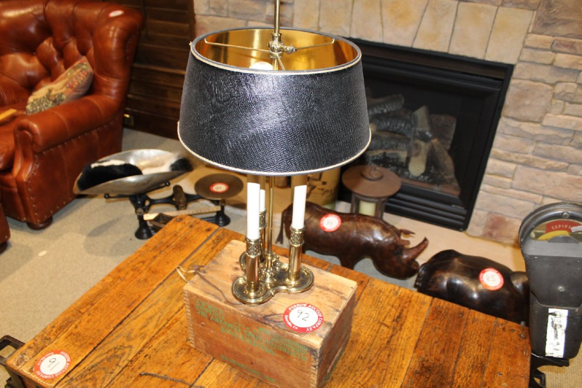 Brass 3 Light Table Lamp with Black Shade & Wooden Box Platform - Image 3 of 3