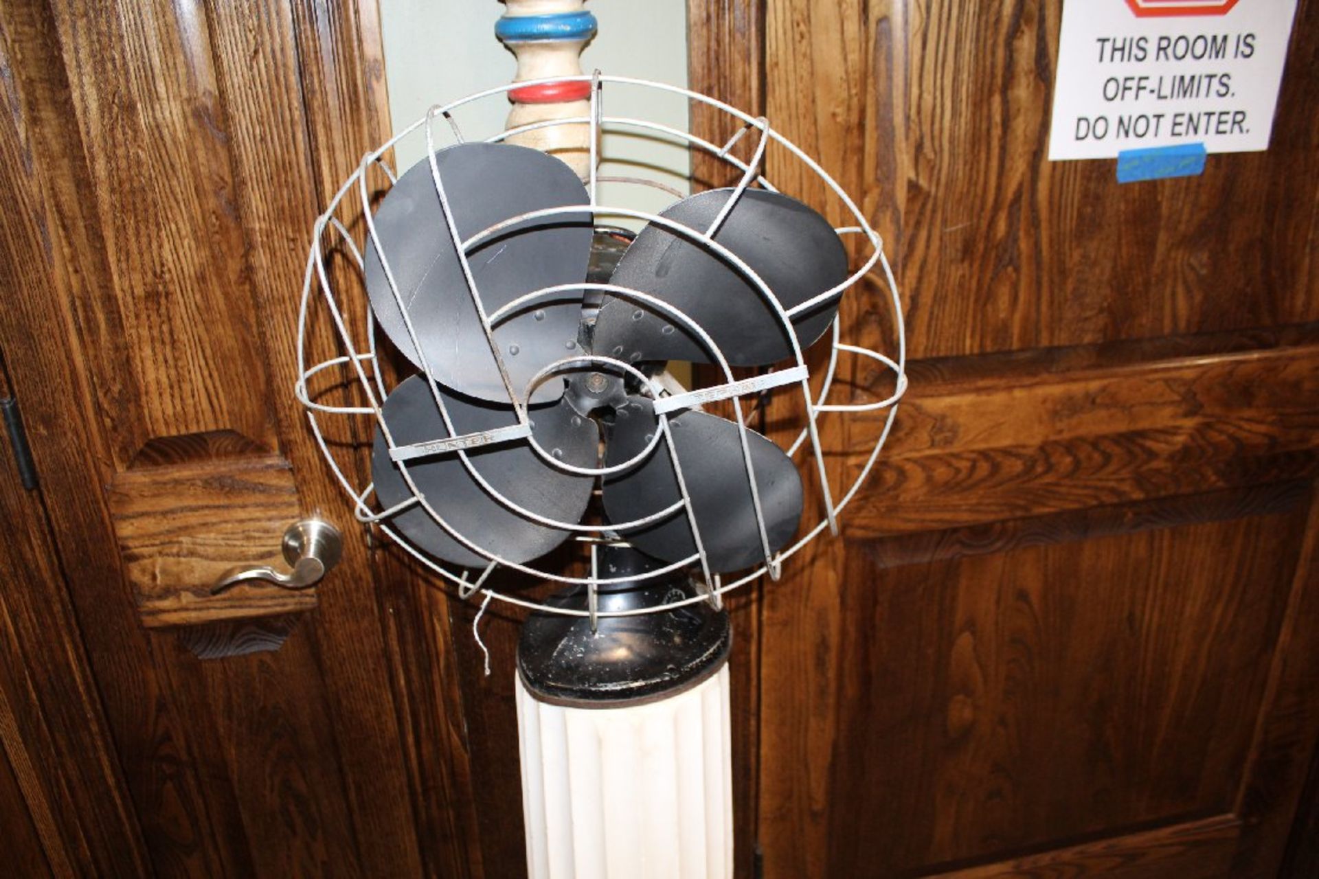 Hunter Fan Vintage Oscillating Fan on Decorative Pedestal, Plus Barber Shop Decorative Wall Hanging