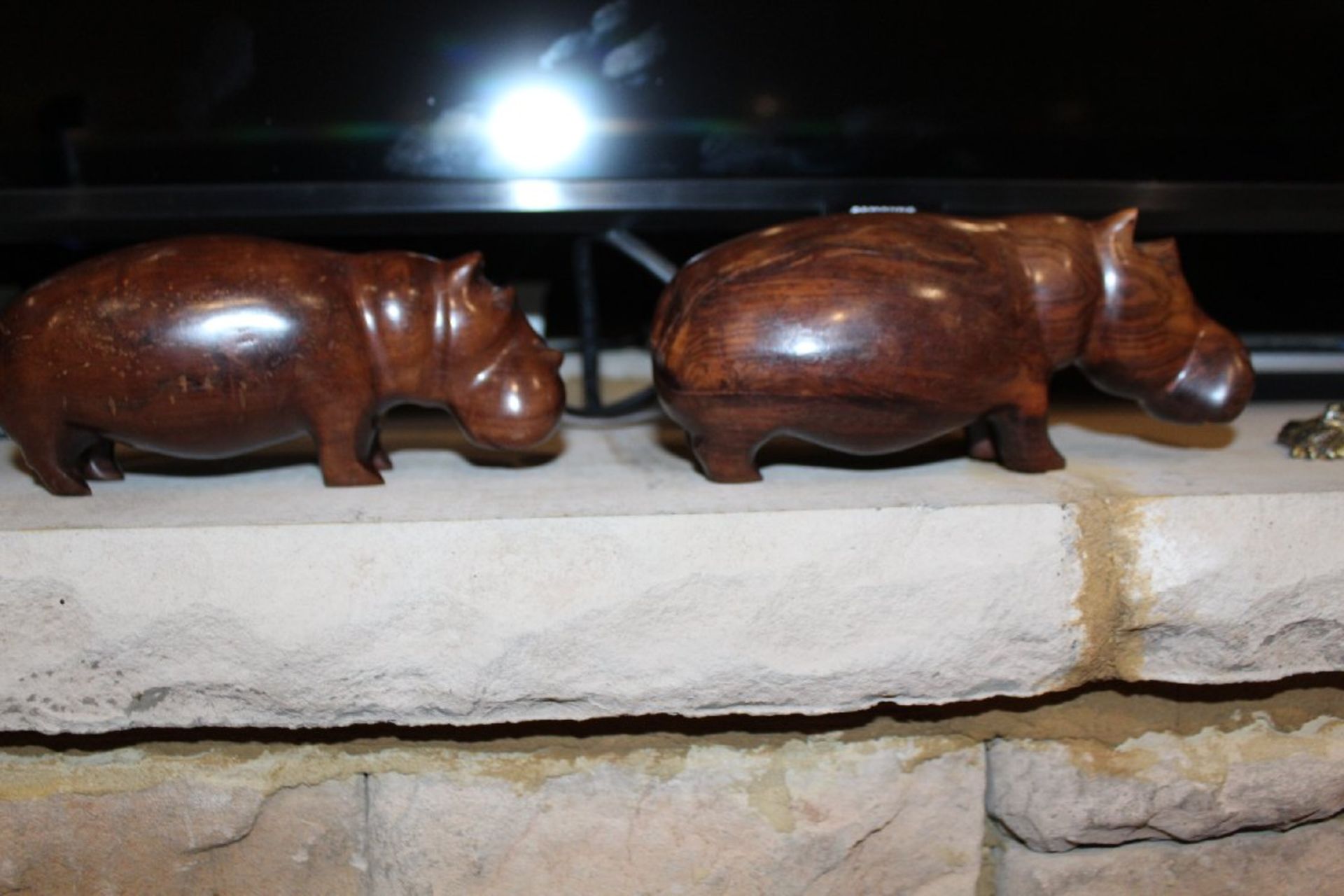 Contents of Fireplace Mantel, Pair of Small Carved Wooden Hippos, Carved Wooden Elephant, Large - Image 3 of 6