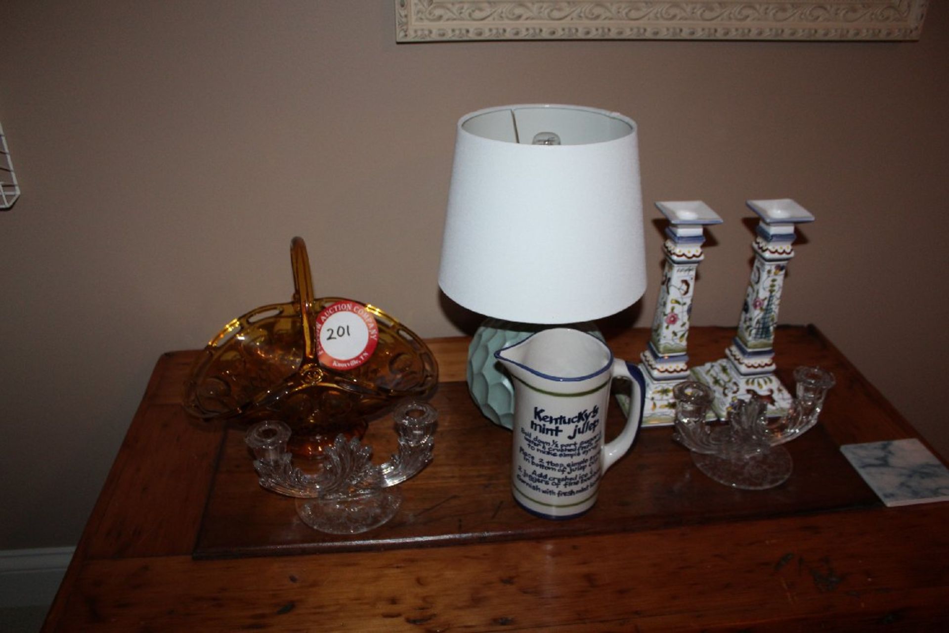 Collection of Decorative Items to include Art Glass Bowl with Handle, Table Lamp with Shade,
