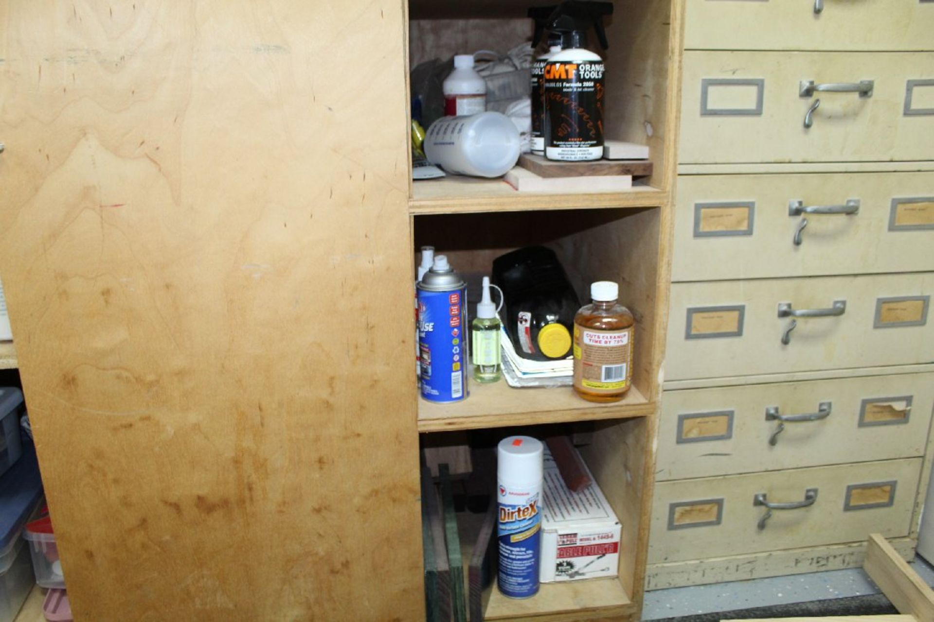 Two Wooden Cabinets plus Contents, solvents, thinners, gloves, tape, varnishes, shop towels, etc. - Image 5 of 5