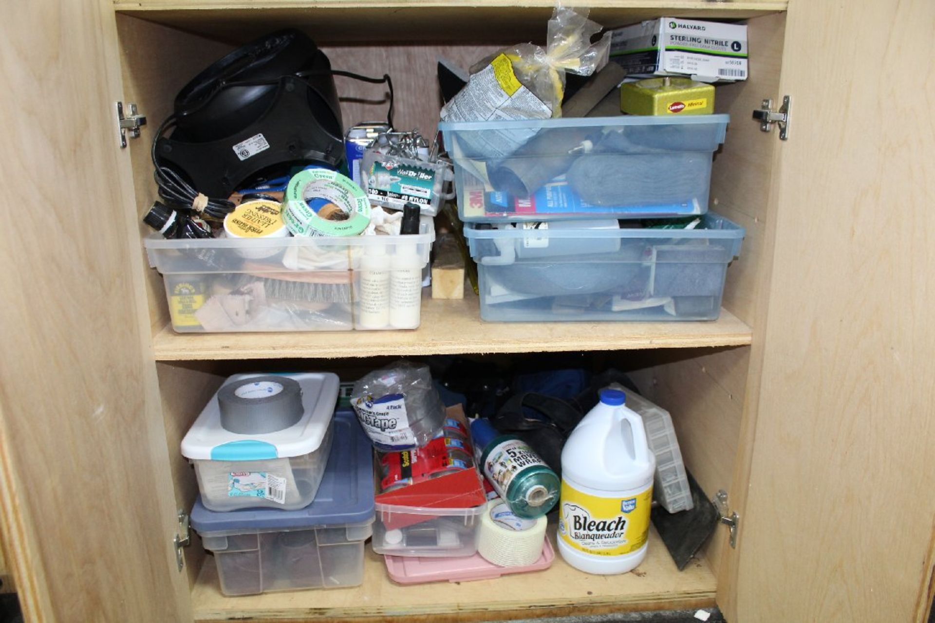 Two Wooden Cabinets plus Contents, solvents, thinners, gloves, tape, varnishes, shop towels, etc. - Image 4 of 5