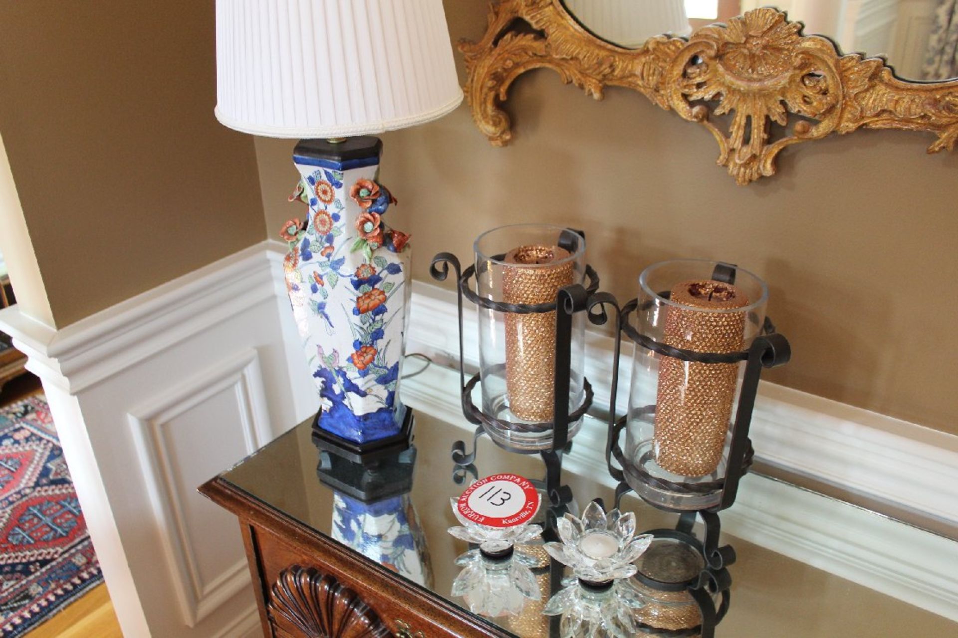 Items on Top of Side Table (lot 112), Hand Painted Lamp with Bird Motif & Shade, 2 Art Glass