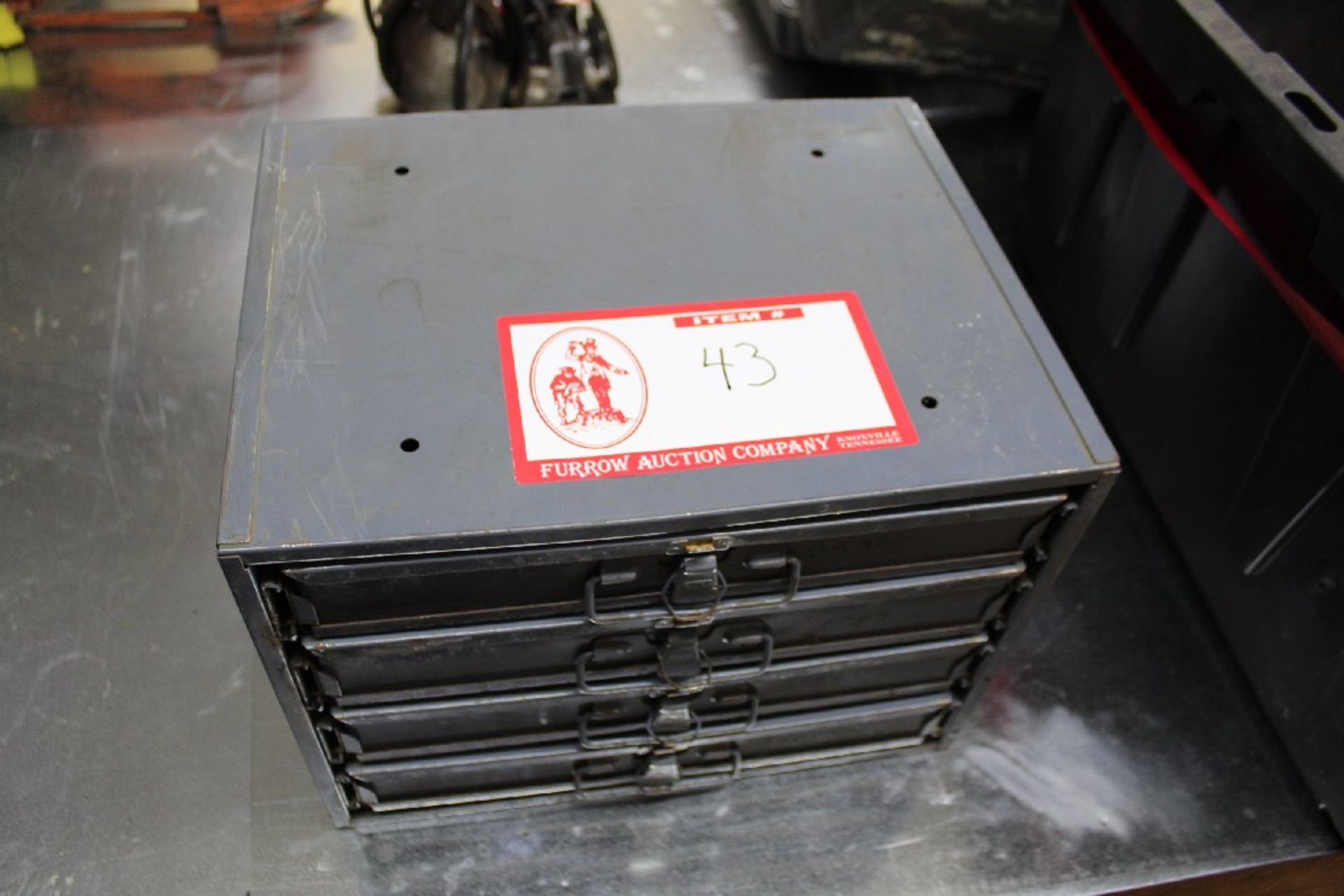 Four Drawer Parts Bin with Contents (brass fittings, needle valves, up sleeves, copper fittings,