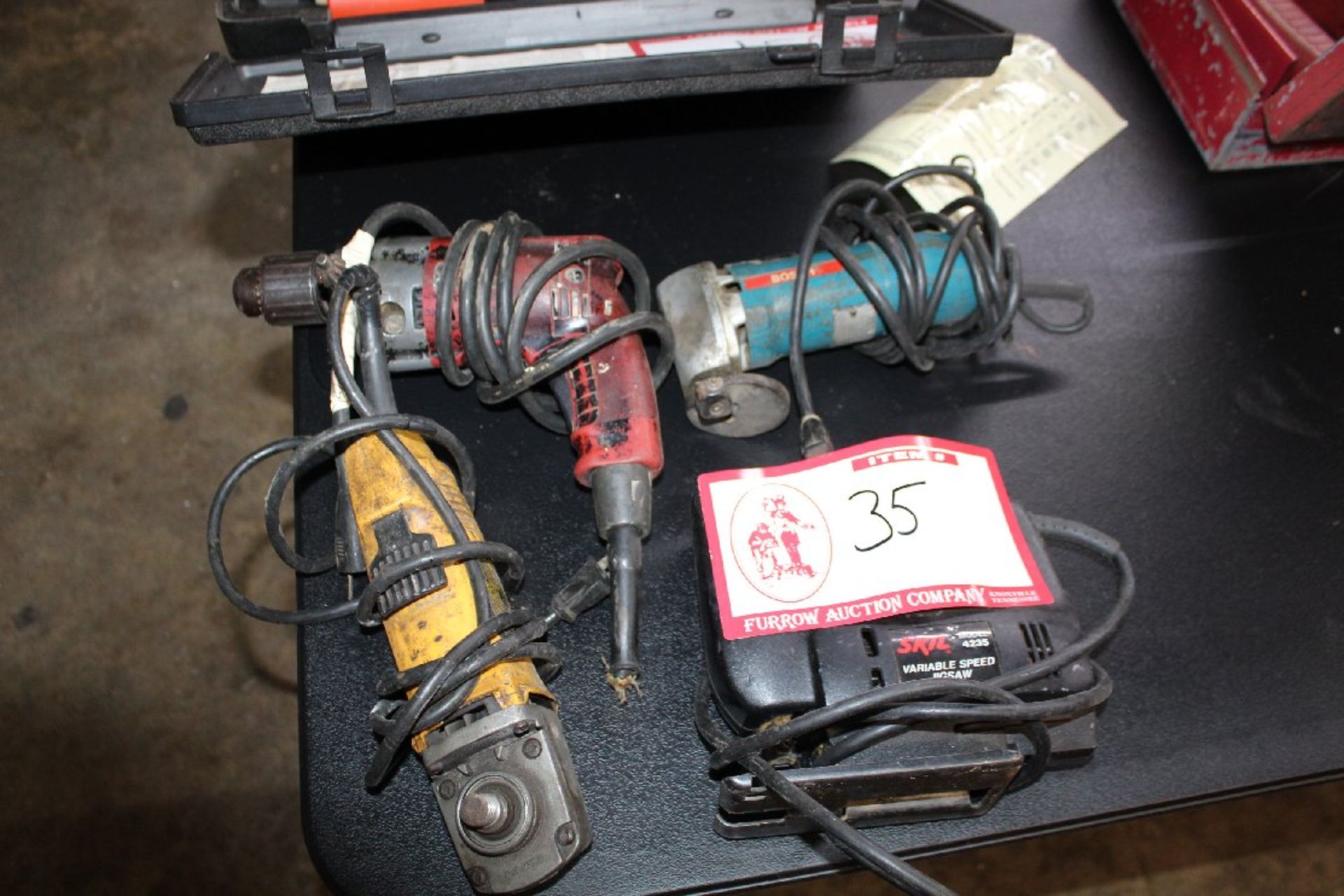 Assortment of 4 Corded Power Tools, Skill Jigsaw, DeWalt Angle Grinder, Milwaukee 3/8 Drill, Bosch