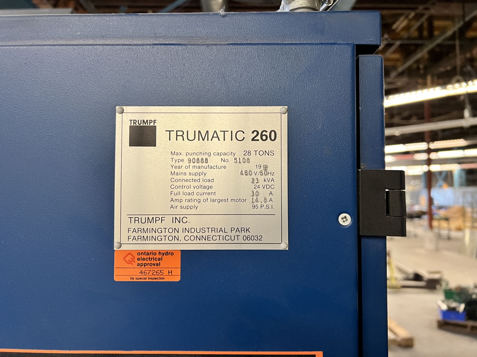 TRUMPF TRUMATIC 260A ROTATION TURRET PUNCHING MACHINE, 28 TONS MAX PUNCH, S/N 5108, 460V, - Image 4 of 6