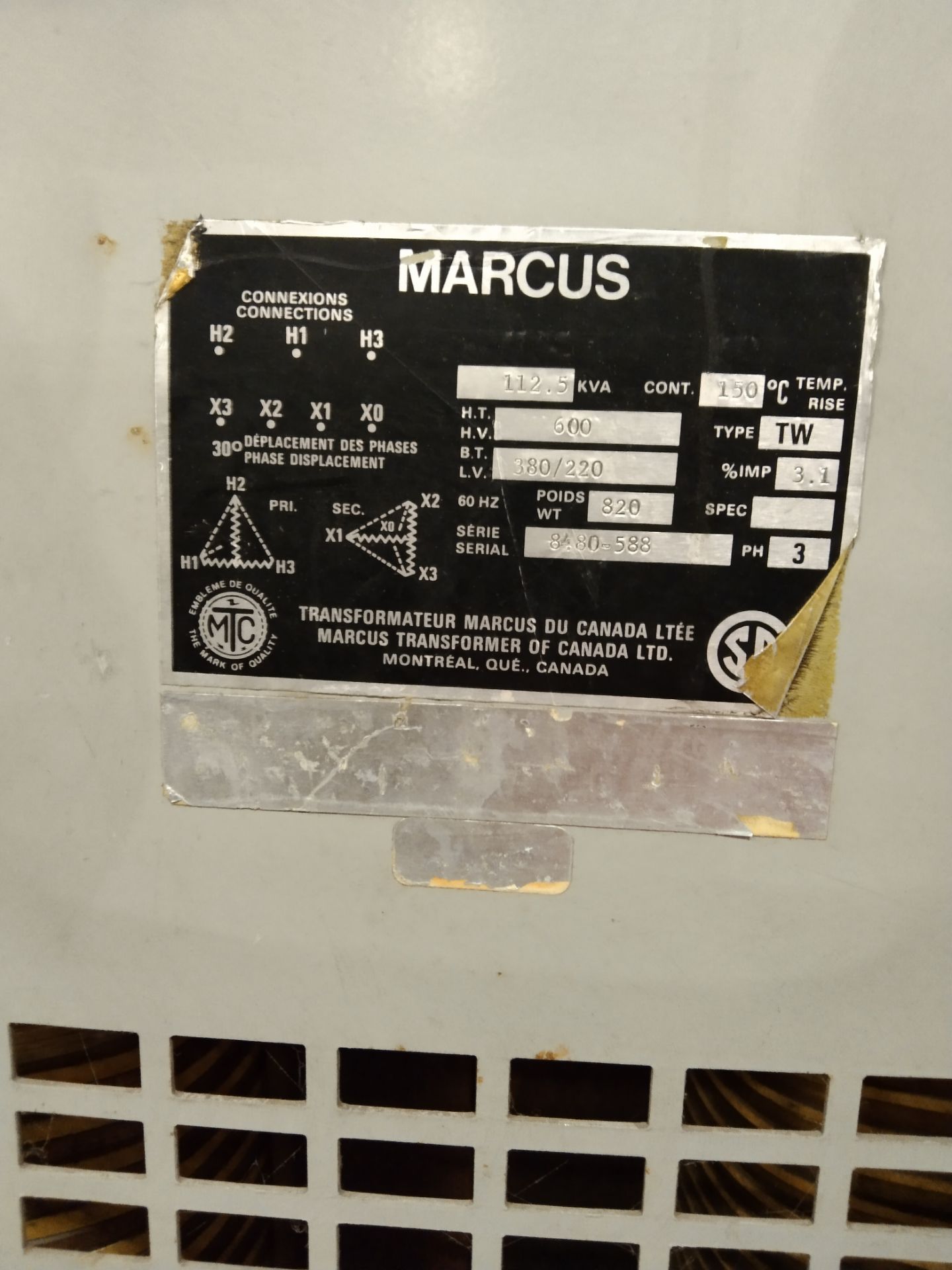 Marcus / Transformer / SN: 8480-588 / 600V 112.5 KVA