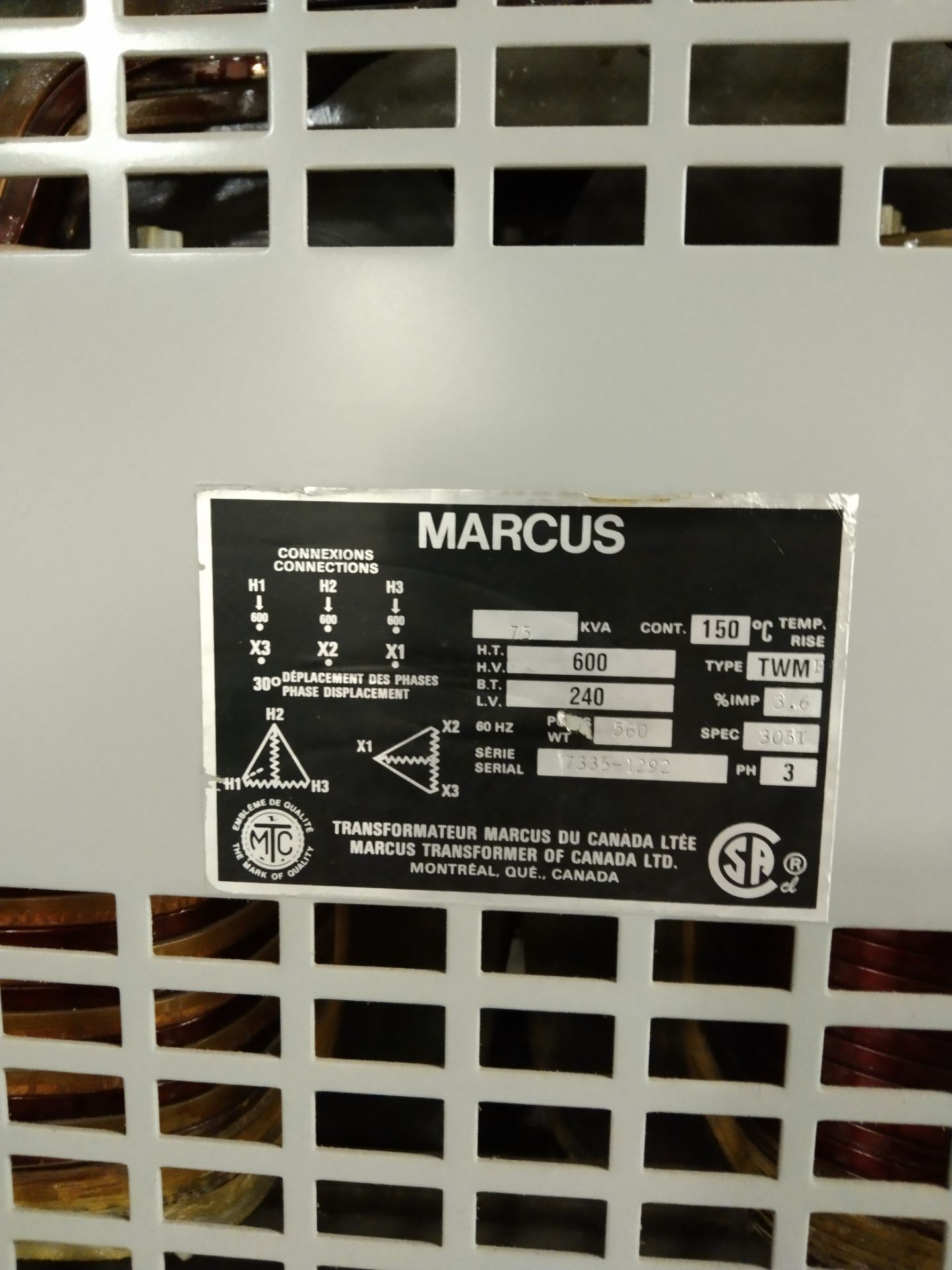 Marcus / Transformer / SN: 7335-1292 / 600V 75 KVA