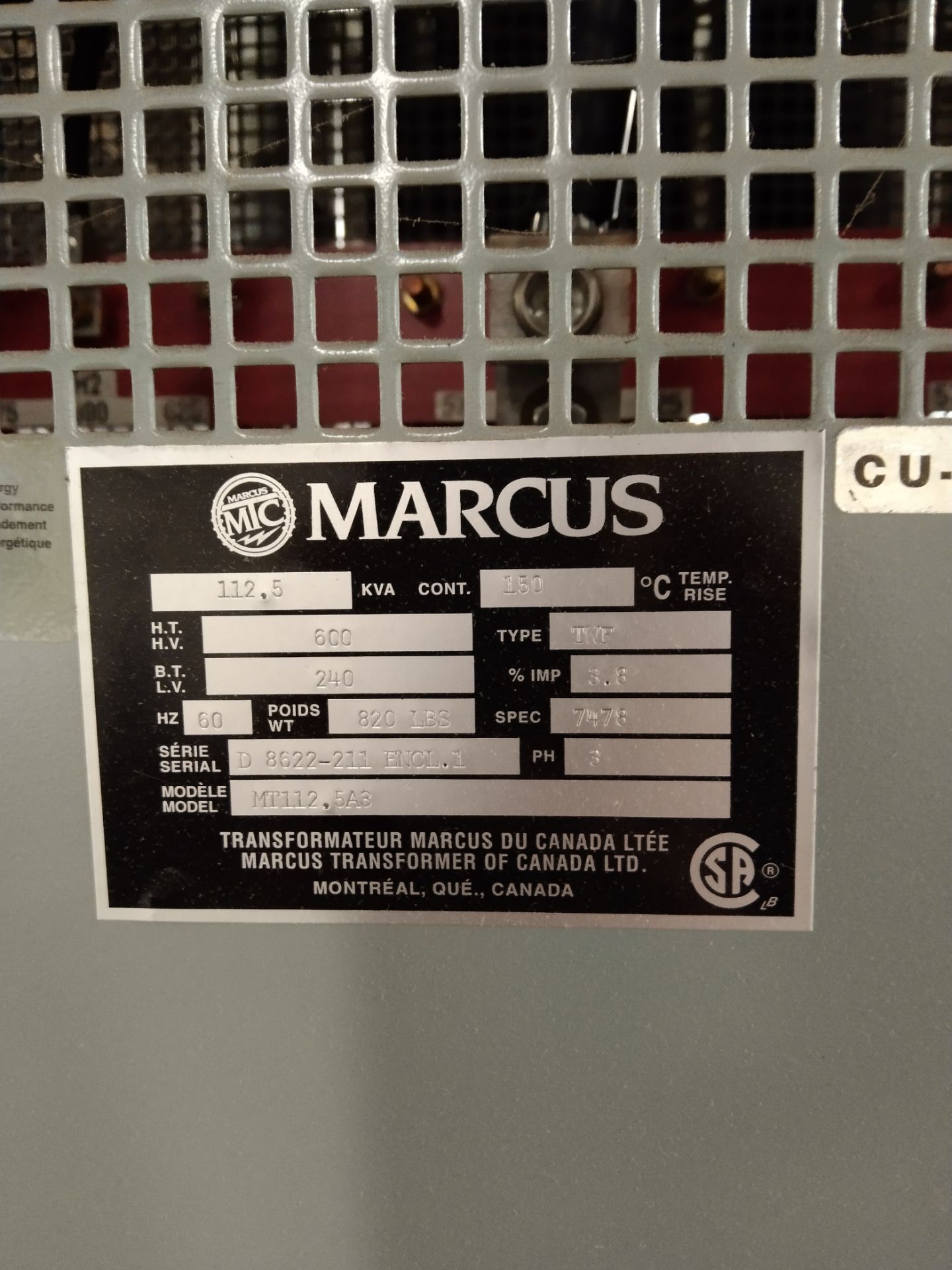 Marcus / Transformer / Model: MT112.5A3 / SN: 8622-211 / 600V 112.5 KVA
