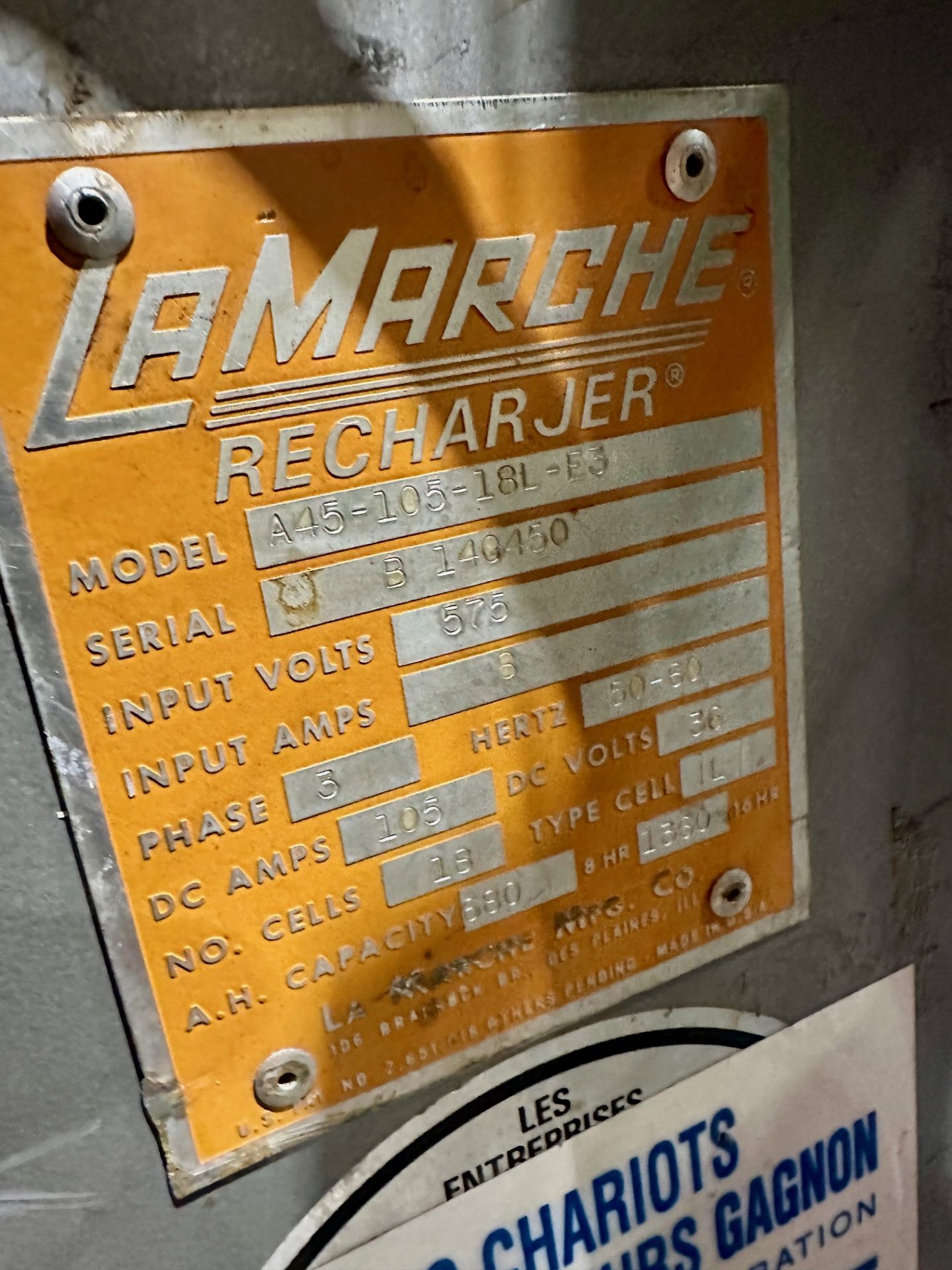 LaMarche / Battery chrager / Model: A45-105-18L-E3 / SN: B140450 / 3 Phase 575V - Image 2 of 2