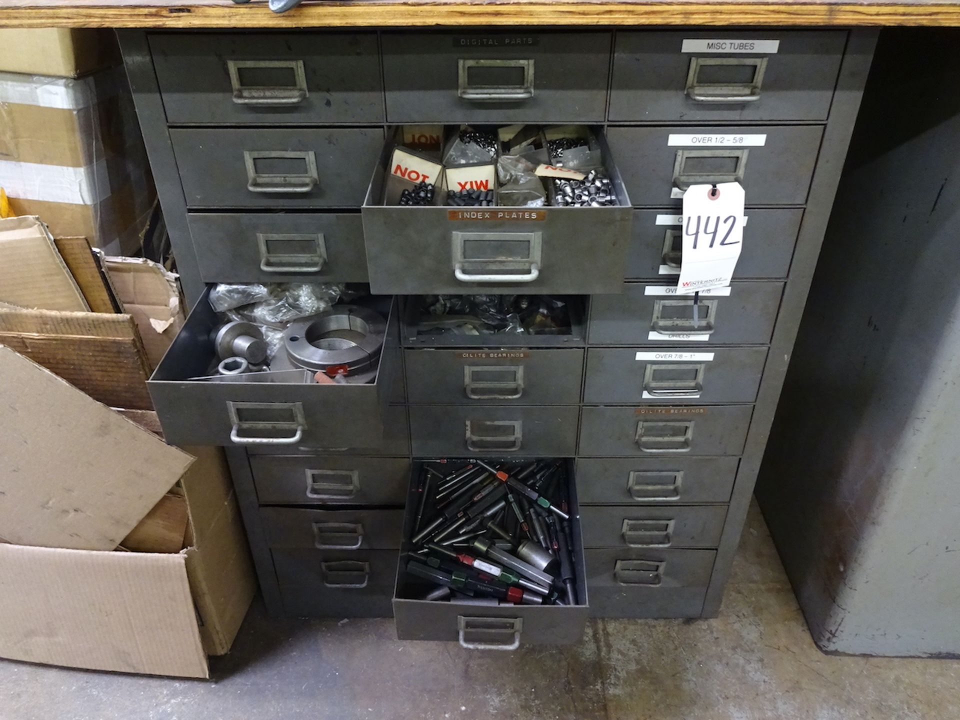 LOT: Parts Cabinet with Contents including Barrel Laps, Drills, Plug Gauges, Hardware, etc.