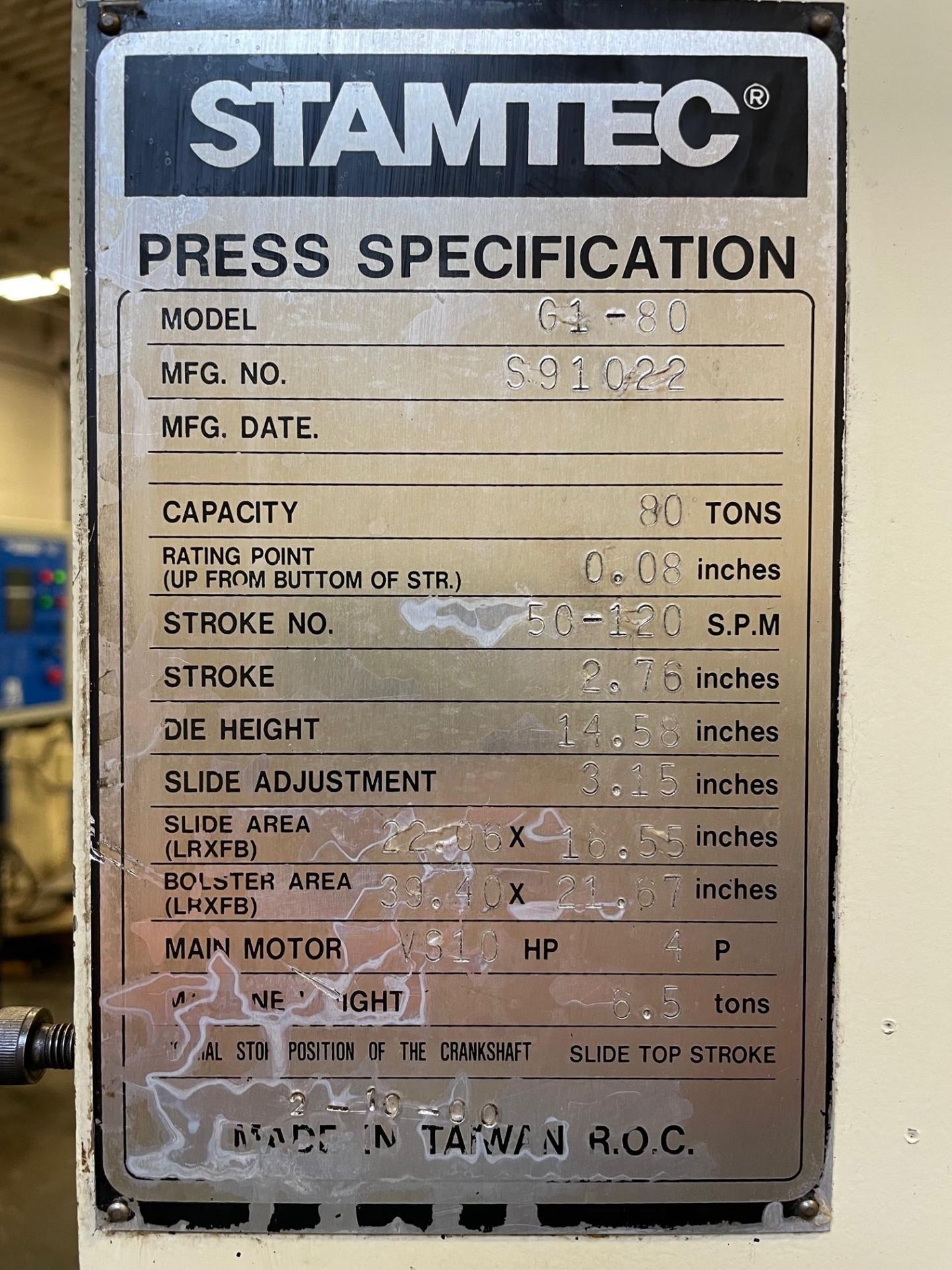 Stamtec 80 Ton Model G1-80 Gap Frame Press, S/N S91022 (2000), 50 - 100 SPM, 2.76 in. Stroke, 14. - Image 7 of 7