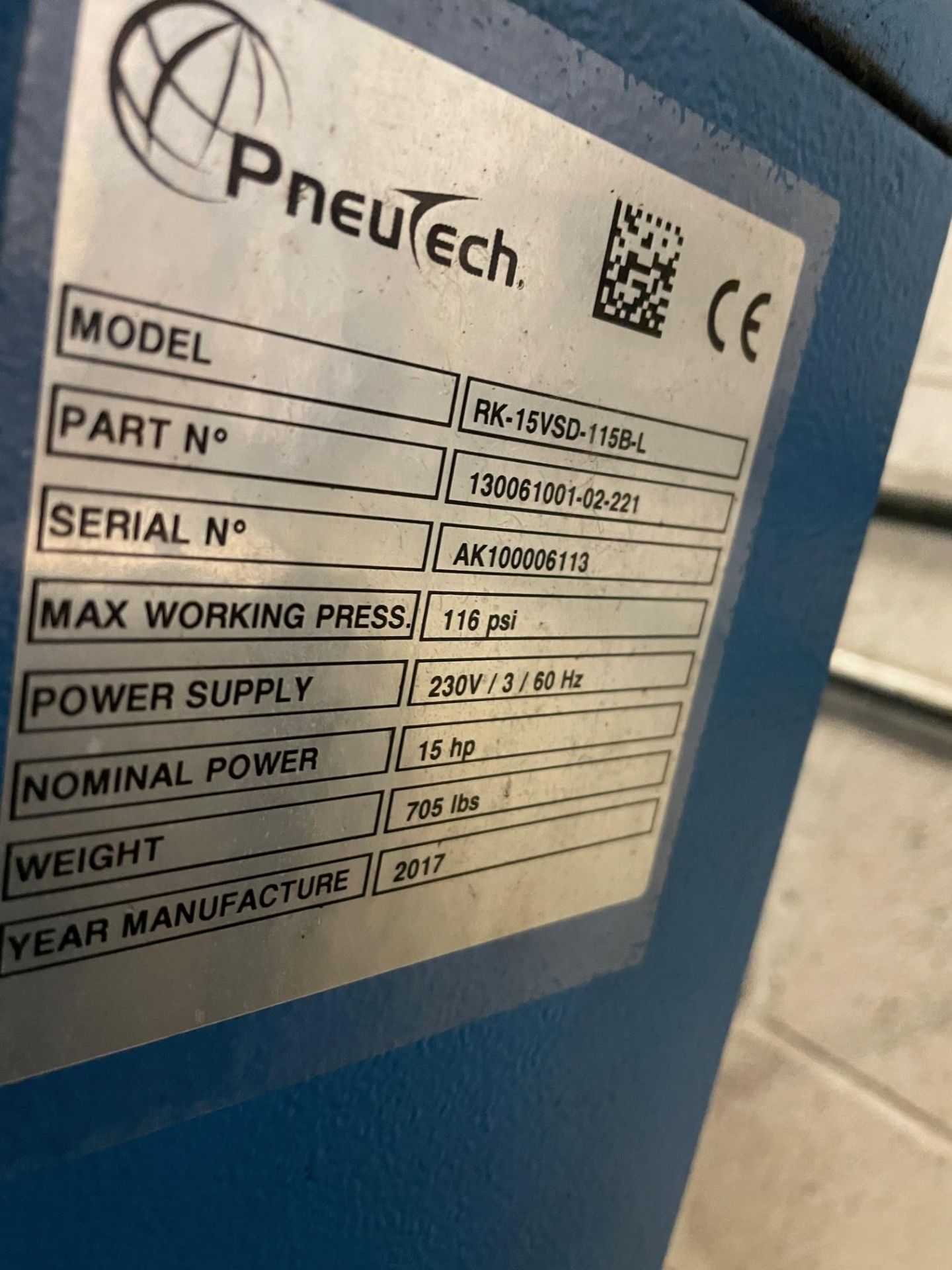 2017 Pneutech 15 HP Model RK15VSD-115B-L Air Compressor, S/N AK100006113 - Image 4 of 4