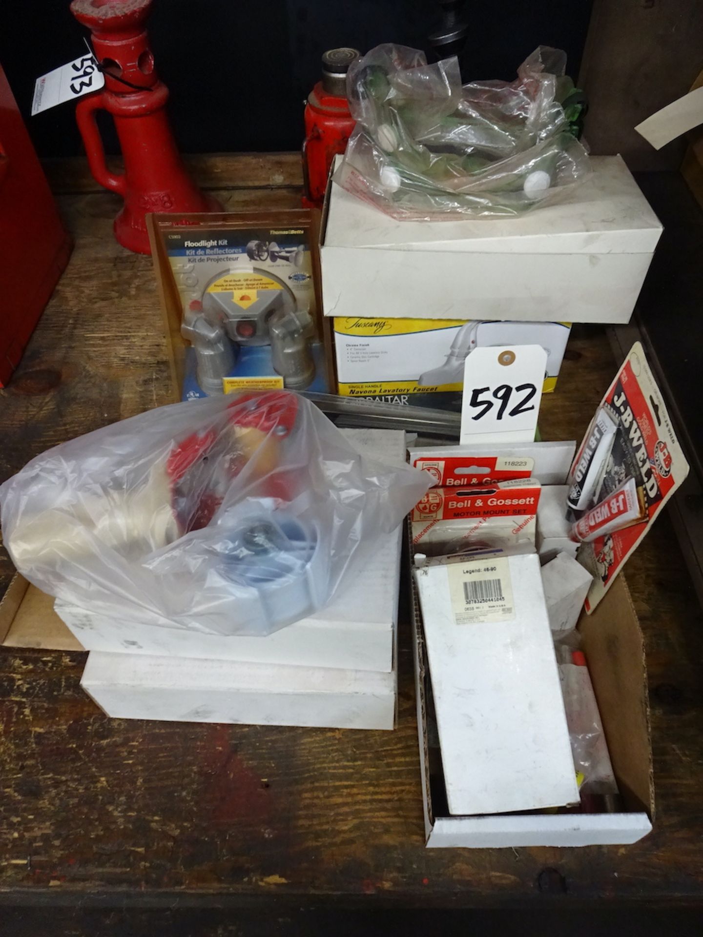 LOT: Safety Glasses, Flood Light, Mail Box Door, Motor Mounts, Cold Weld Markers, Tape Gun, etc.