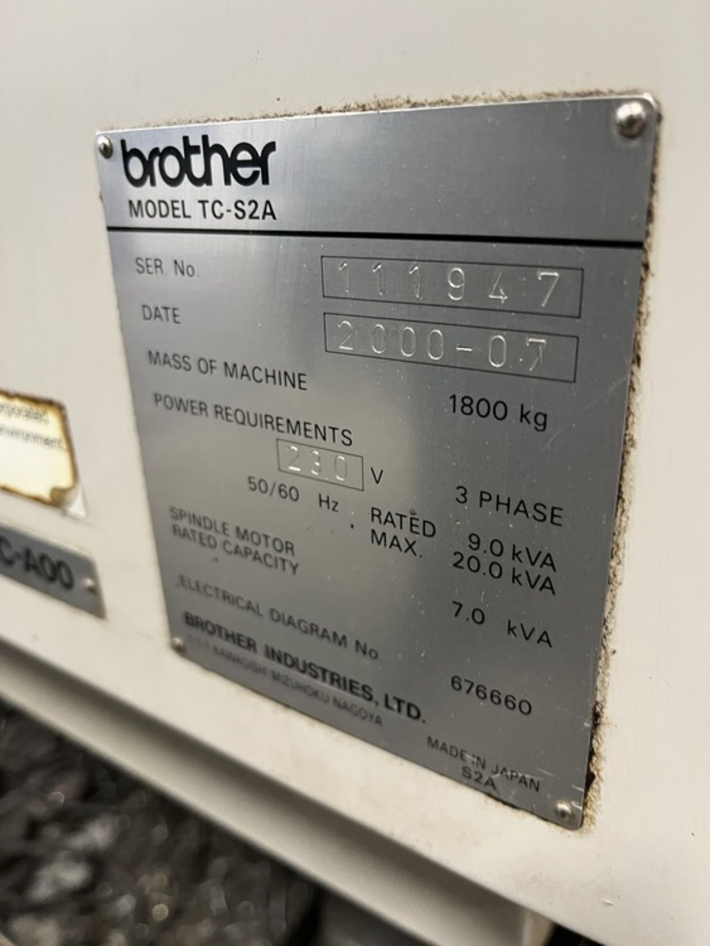 BROTHER TC-S2A CNC DRILL & TAP CENTER (2000) S/N111947, X=23.6, Y=18.9, Z=14.2, 10,000 RPM, 14 - Image 10 of 10