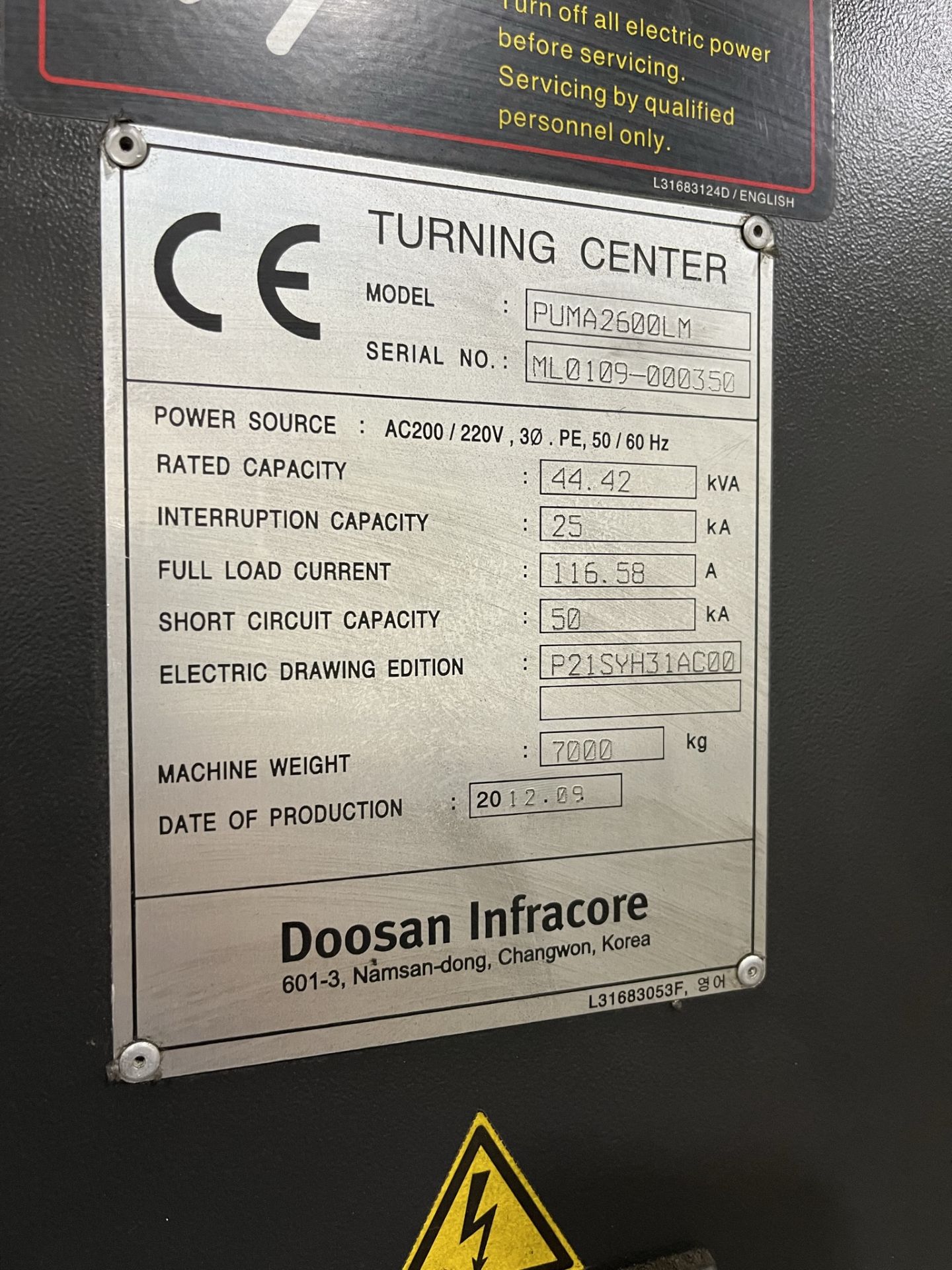 DOOSAN PUMA 2600LM LONG BED CNC LATHE, S/N ML0109000350, (IN SERVICE 2013), BAR CAPACITY 81 MM, MAX. - Image 16 of 16