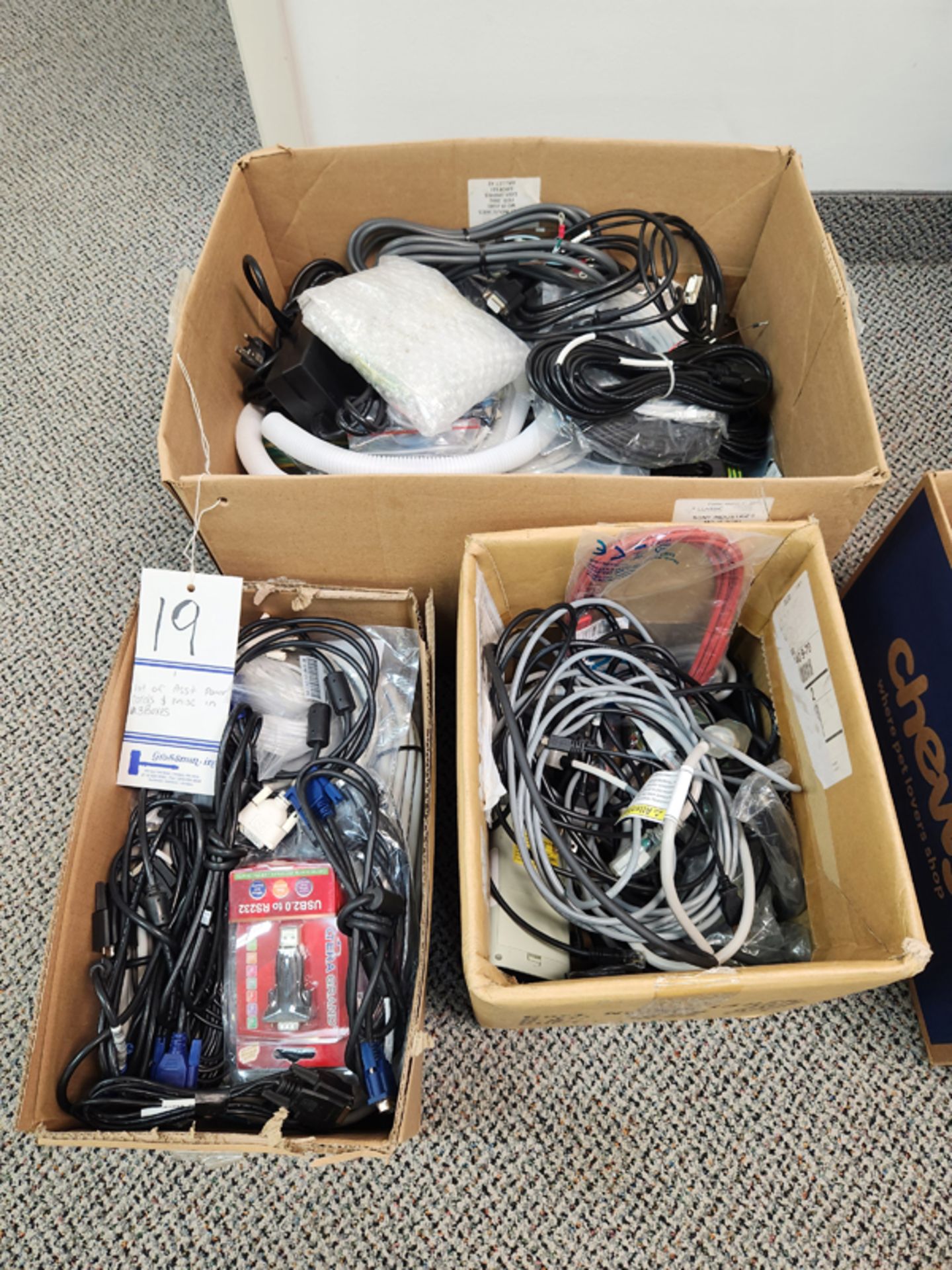 LOT OF ASSORTED POWER CORDS AND MISC IN 3 BOXES