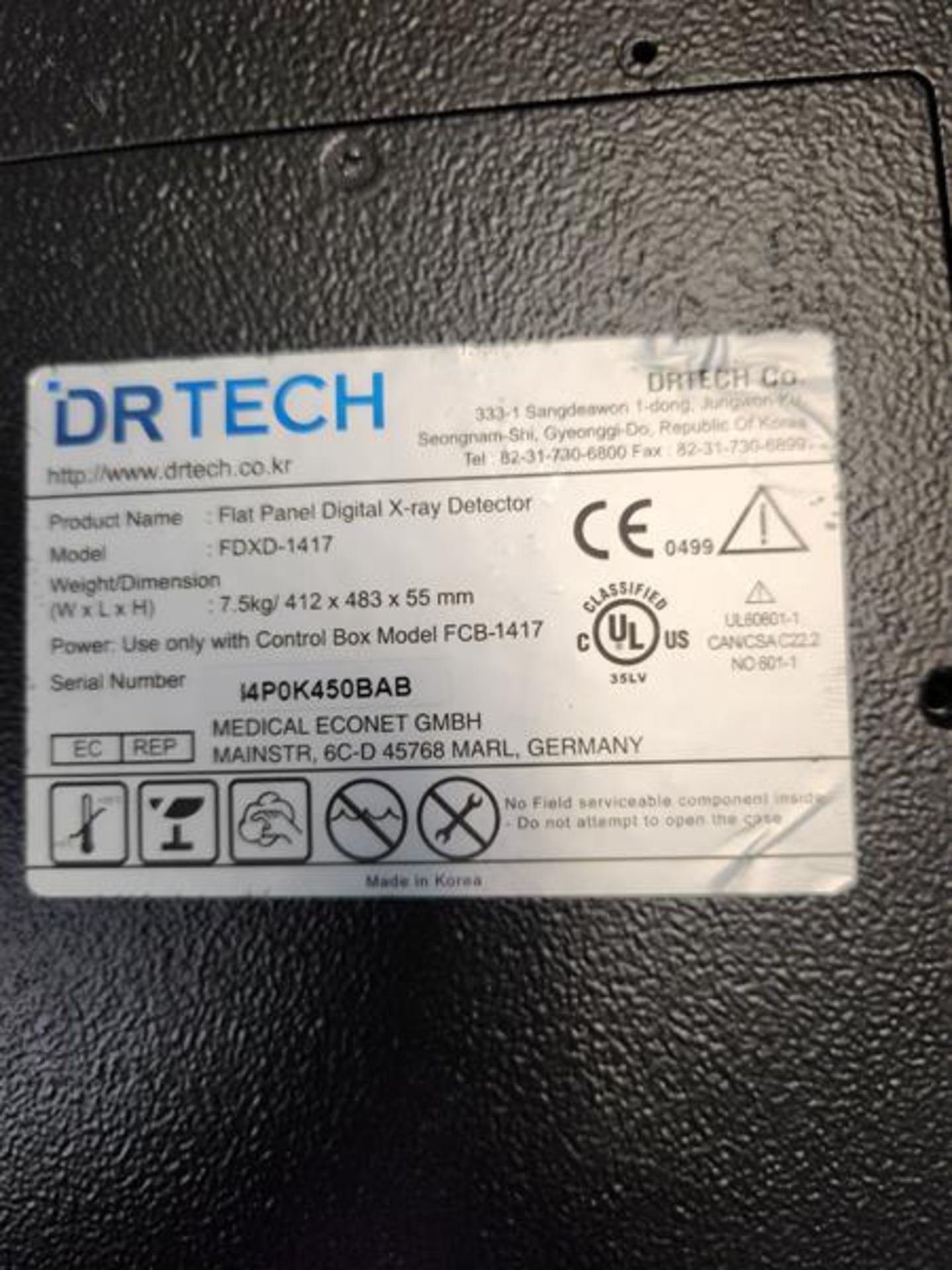 DR TECH FLAT PANEL DIGITAL X-RAY DETECTOR MODEL FDXD-1417 - SN I4P0K450BAB - Image 3 of 3