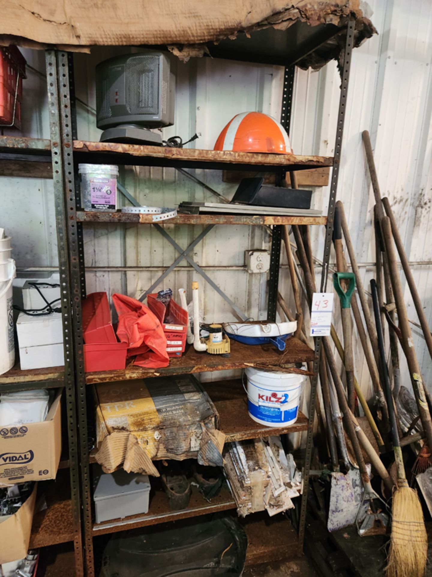 LOT OF MISC - ON SHELVES, YARD TOOLS, METEL SHELVING, CHAIR, BULBS, WOODEN CRATE, ETC - Image 2 of 11