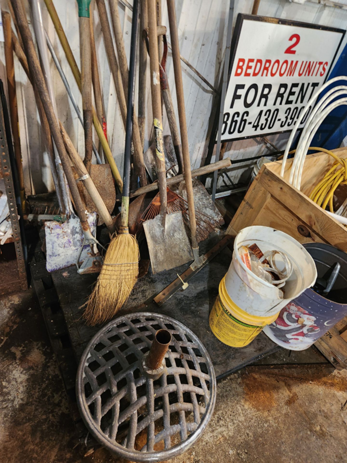 LOT OF MISC - ON SHELVES, YARD TOOLS, METEL SHELVING, CHAIR, BULBS, WOODEN CRATE, ETC - Image 6 of 11