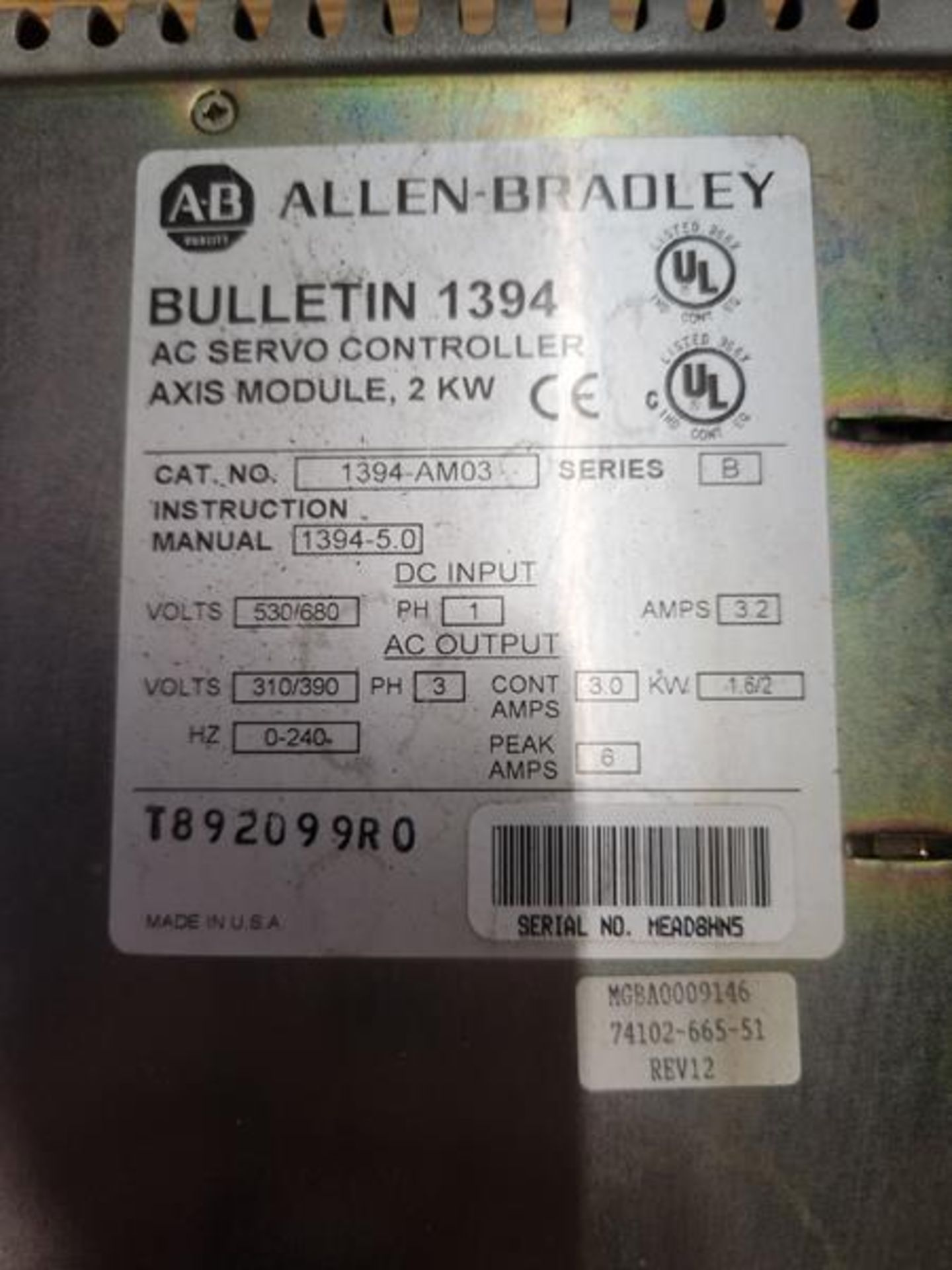 2 ALLEN BRADLEY AC SERVO CONTROLLER AXIS MODULES 1394AM03 - Image 2 of 5