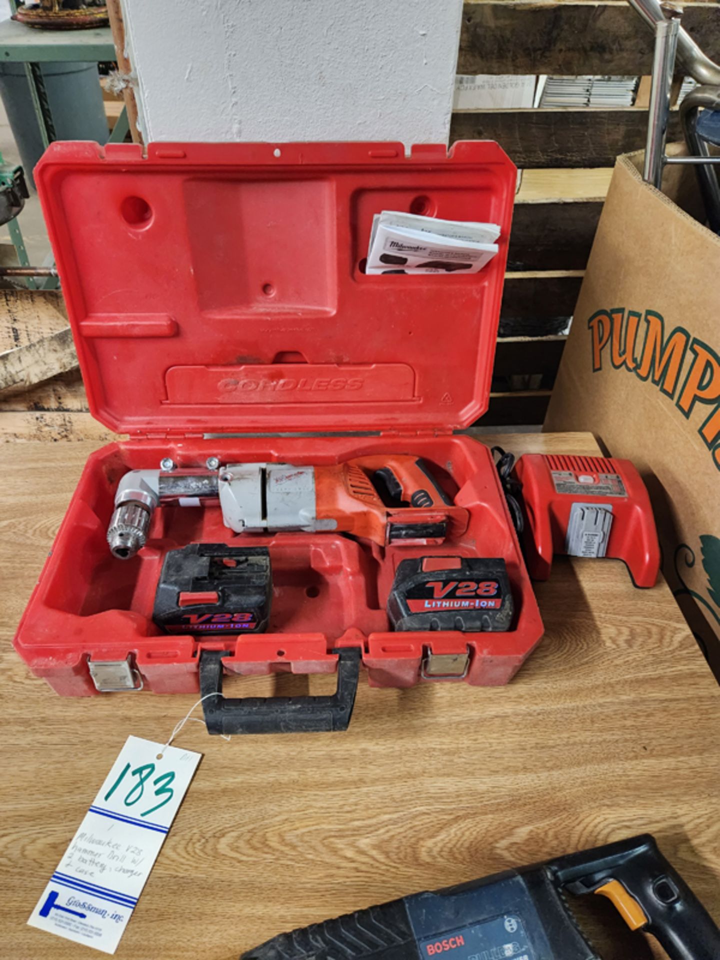 MILWAUKEE V28 HAMMER DRILL WITH 2 BATTERIES, CHARGER AND CASE