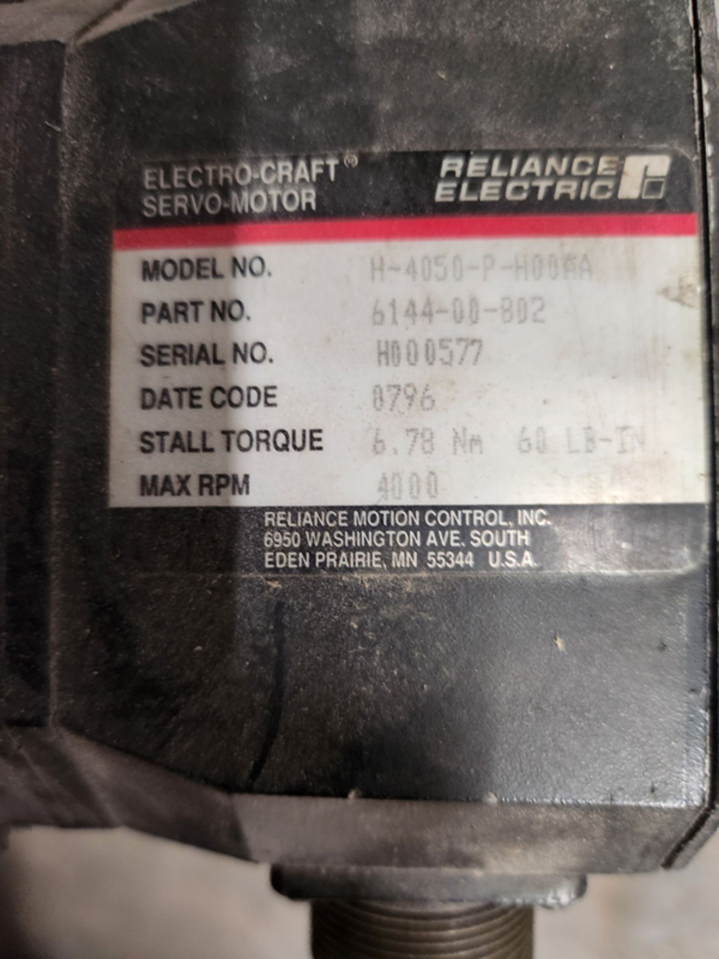 RELIANCE ELECTRO CRAFT SERVO MOTOR - MODEL H-4050-P-H00AA , P/N 6144-00-802 - Image 3 of 5